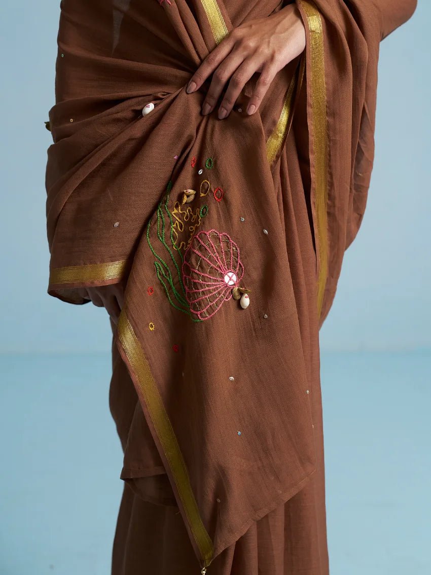 BROWN VISCOSE MUL THREAD WORK SAREES