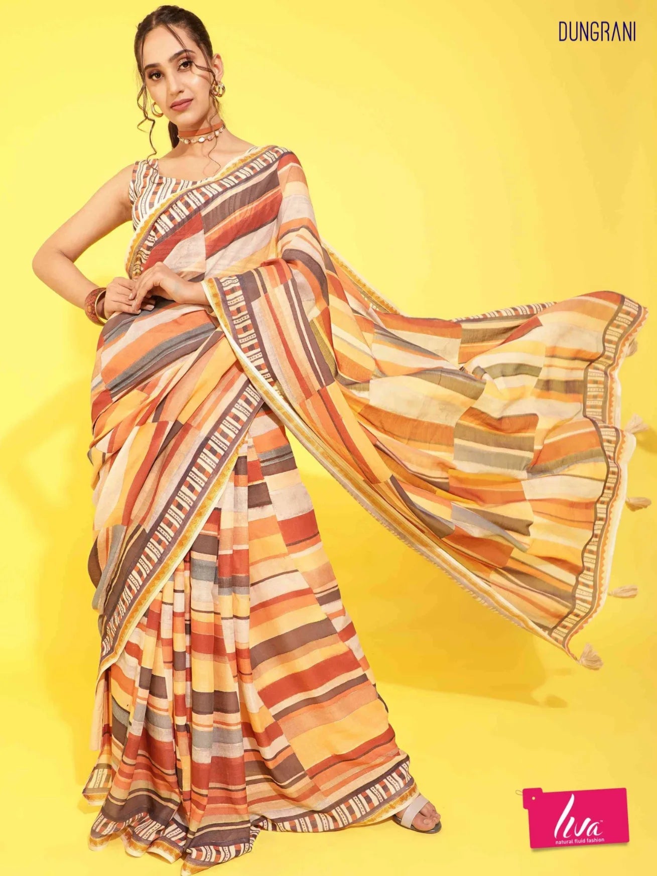 BROWN & YELLOW VISCOSE MUL LIVA DIGITAL PRINTED SAREE