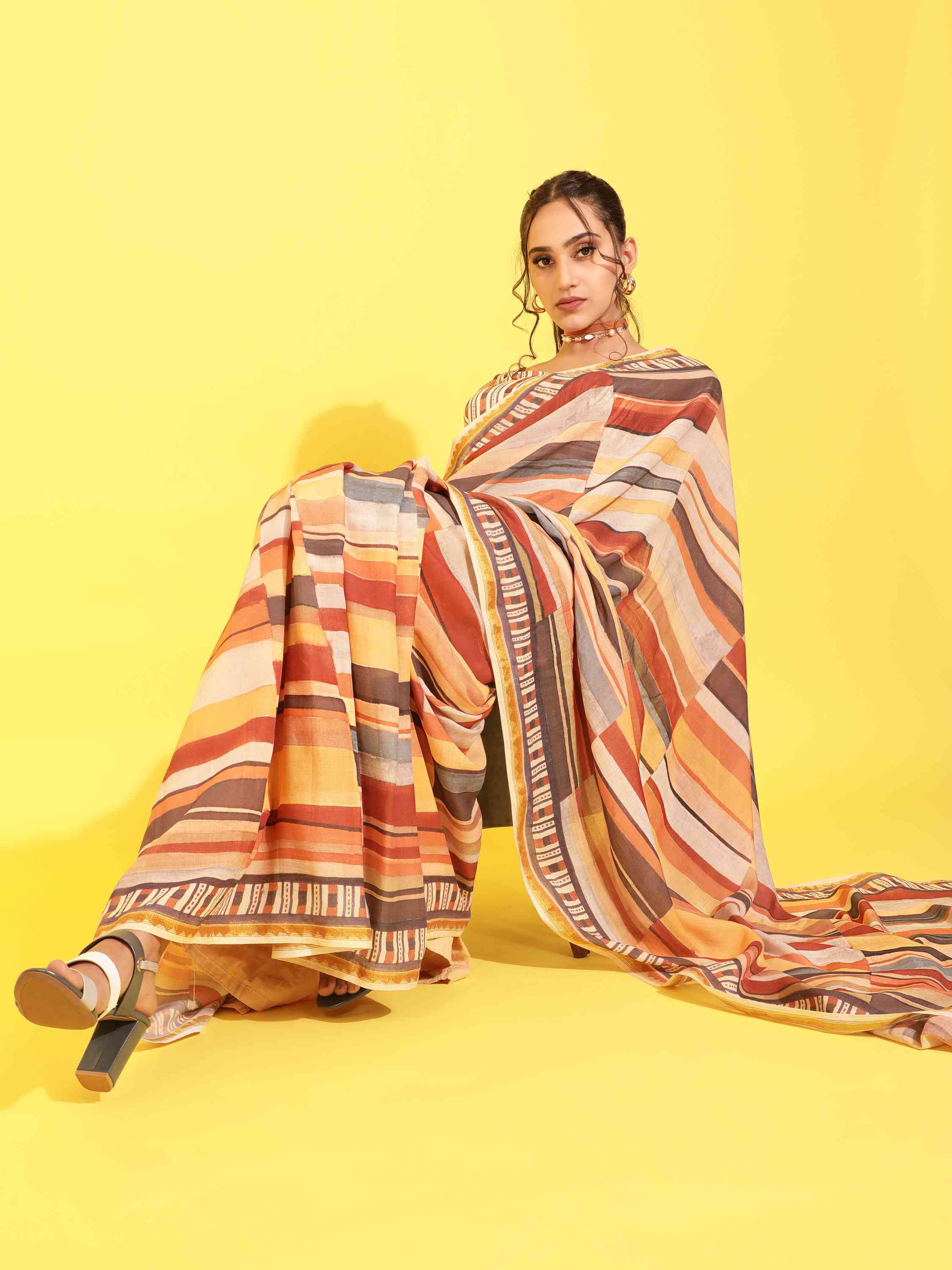 BROWN & YELLOW MULMUL COTTON LIVA DIGITAL PRINTED SAREE
