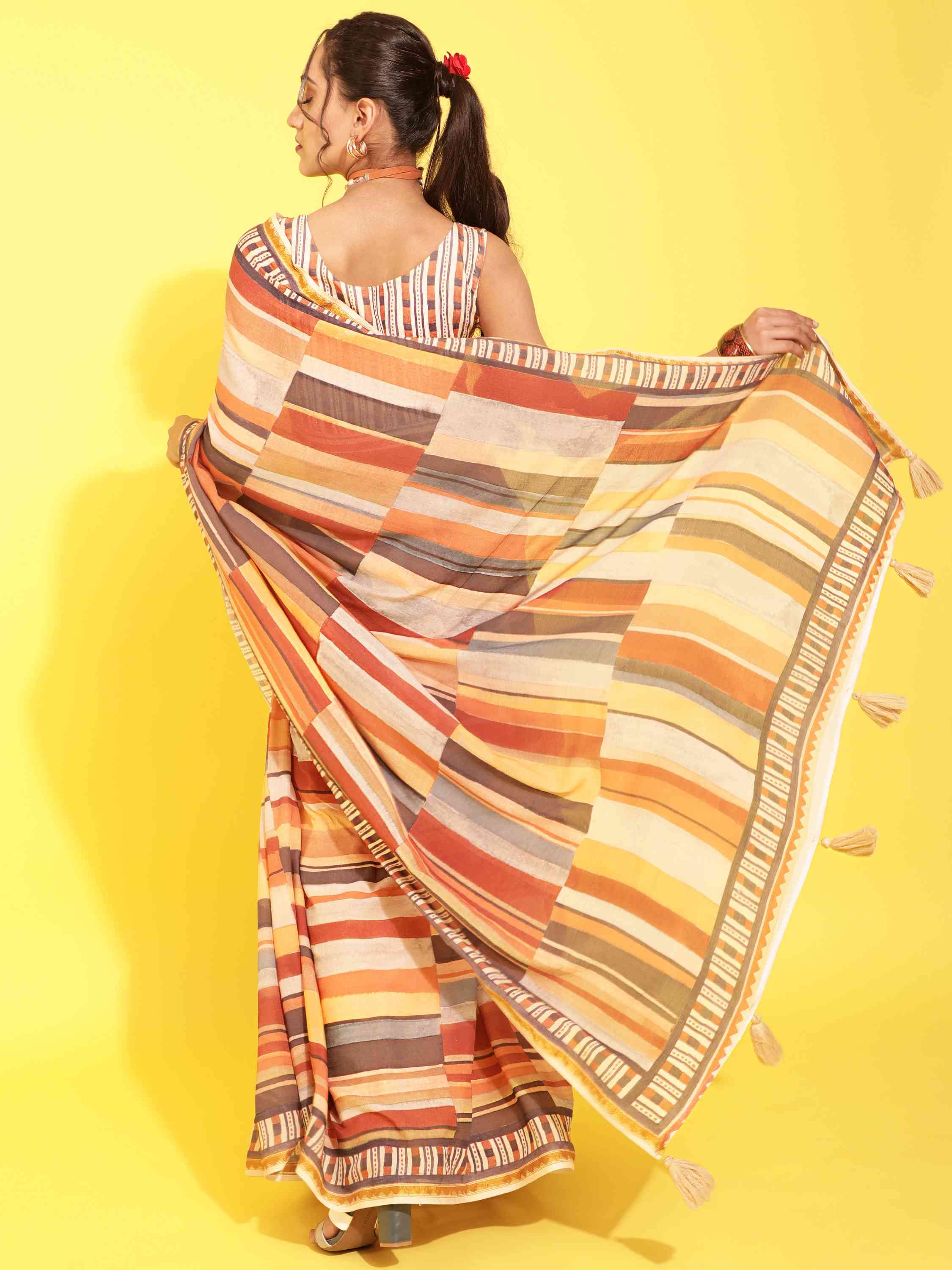 BROWN & YELLOW MULMUL COTTON LIVA DIGITAL PRINTED SAREE