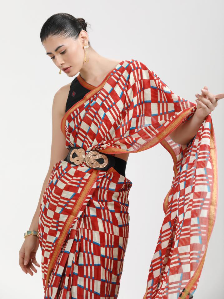 BURNT ORANGE MULMUL COTTON  LIVA DIGITAL PRINTED SAREE