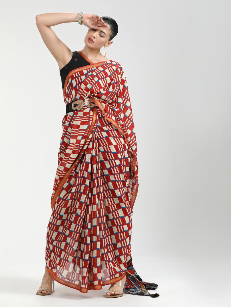 BURNT ORANGE MULMUL COTTON  LIVA DIGITAL PRINTED SAREE