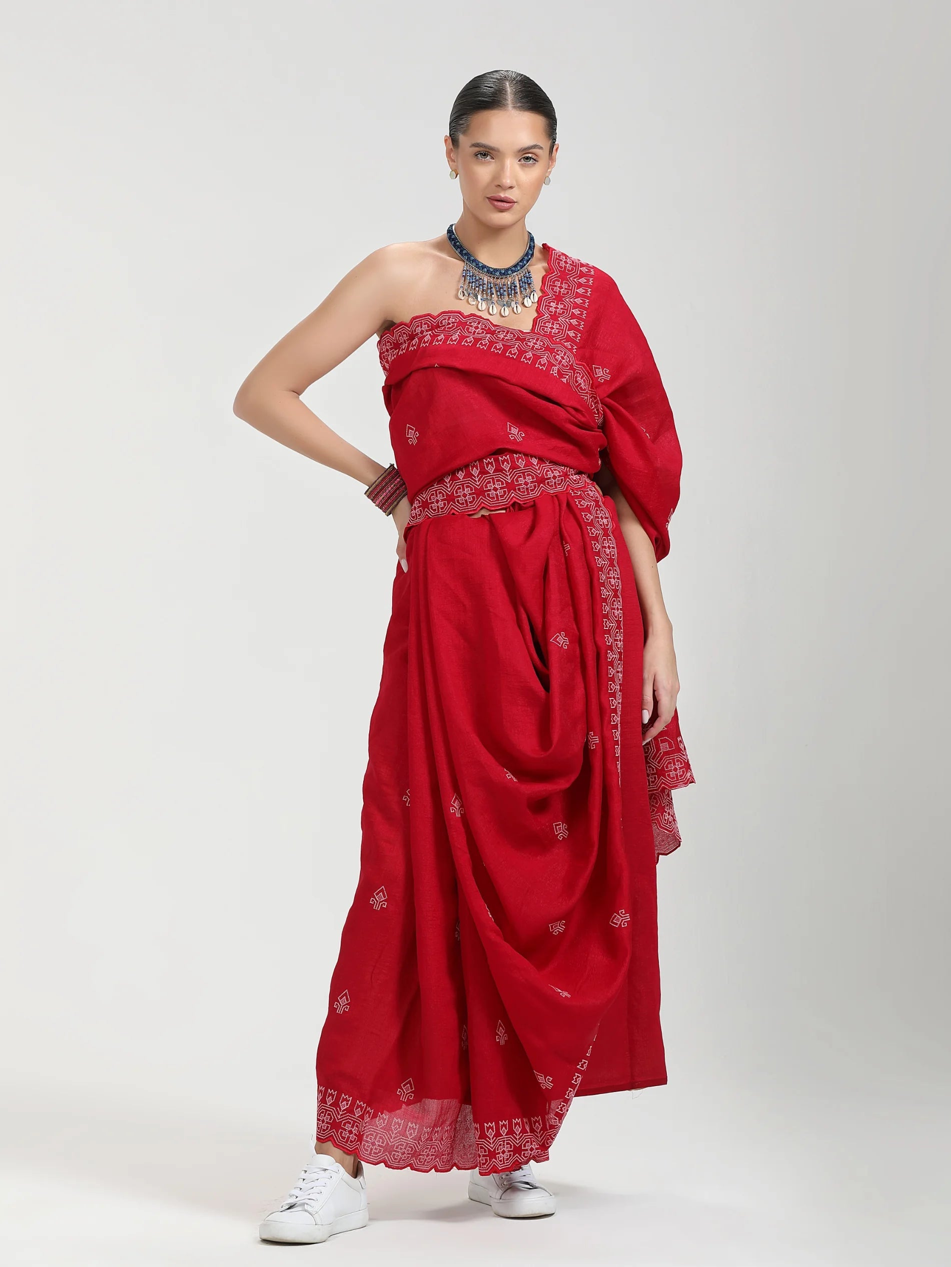 CADMIUM RED TITANIUM ART SILK KANTHA EMBROIDERY SAREE