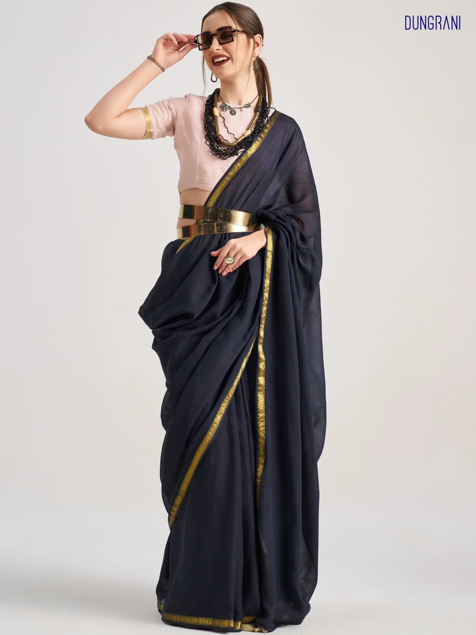 CHARCOAL BLACK VISCOSE MUL LIVA SOLID SAREE