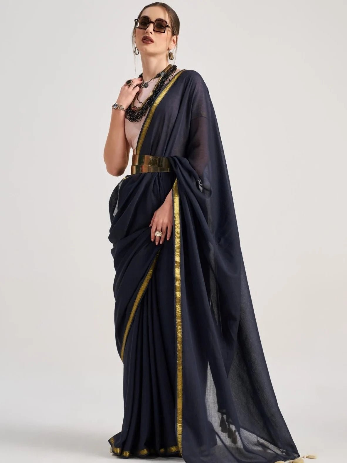 CHARCOAL BLACK VISCOSE MUL LIVA SOLID SAREE