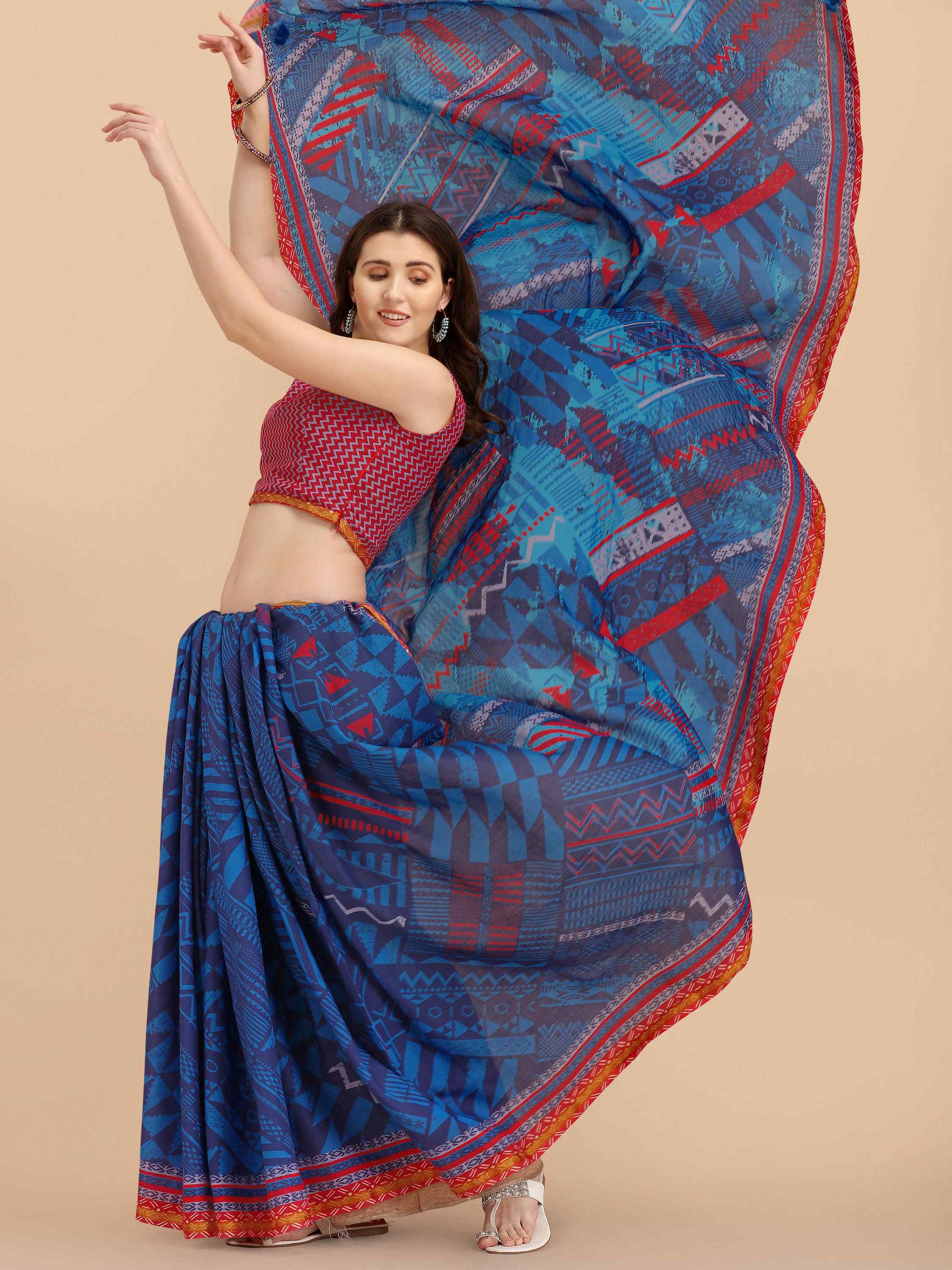 COBALT BLUE VISCOSE MUL LIVA DIGITAL PRINTED SAREE