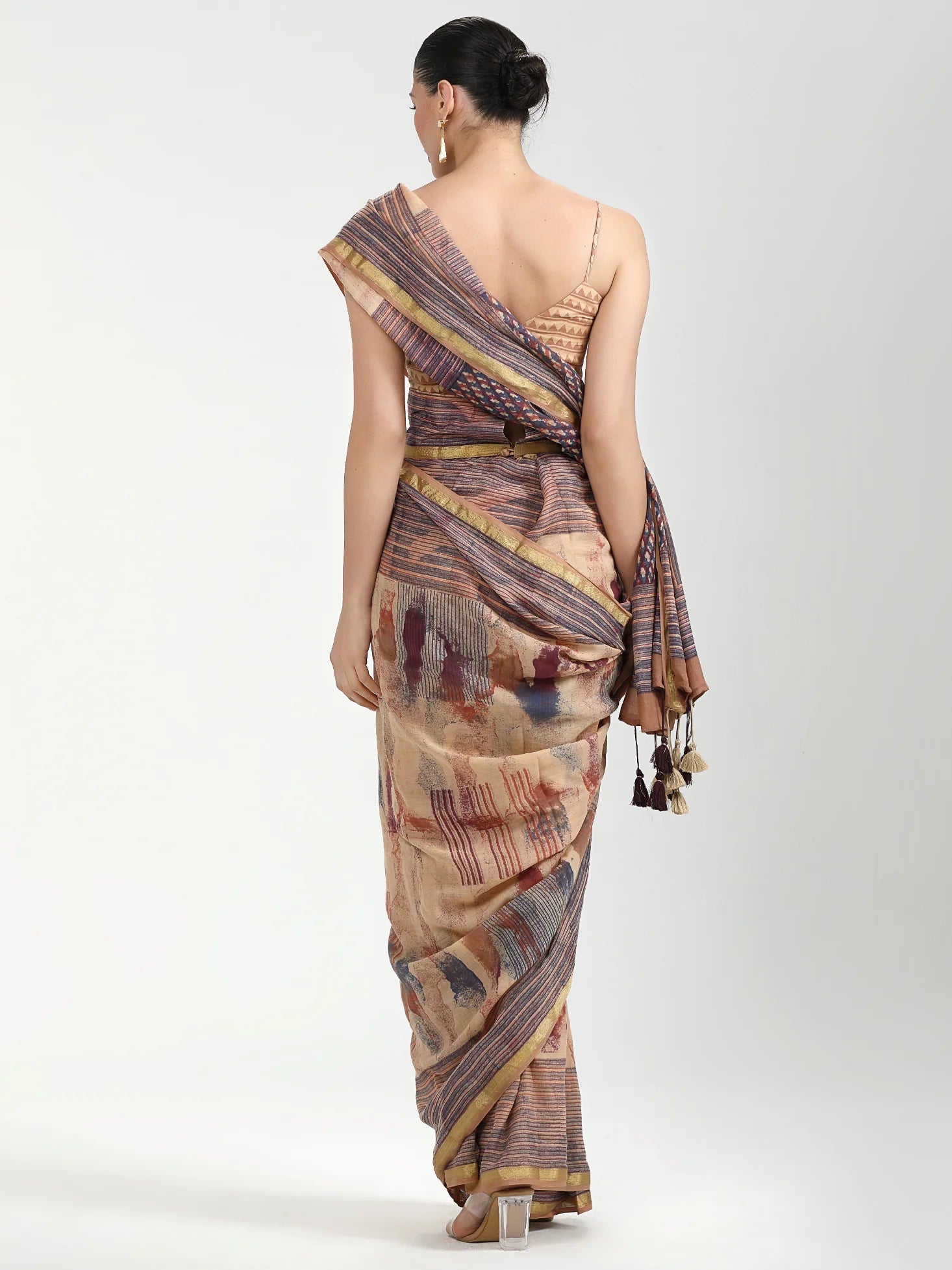 COFFEE & PURPLE SHADE MULMUL COTTON BLOCK PRINTED SAREE