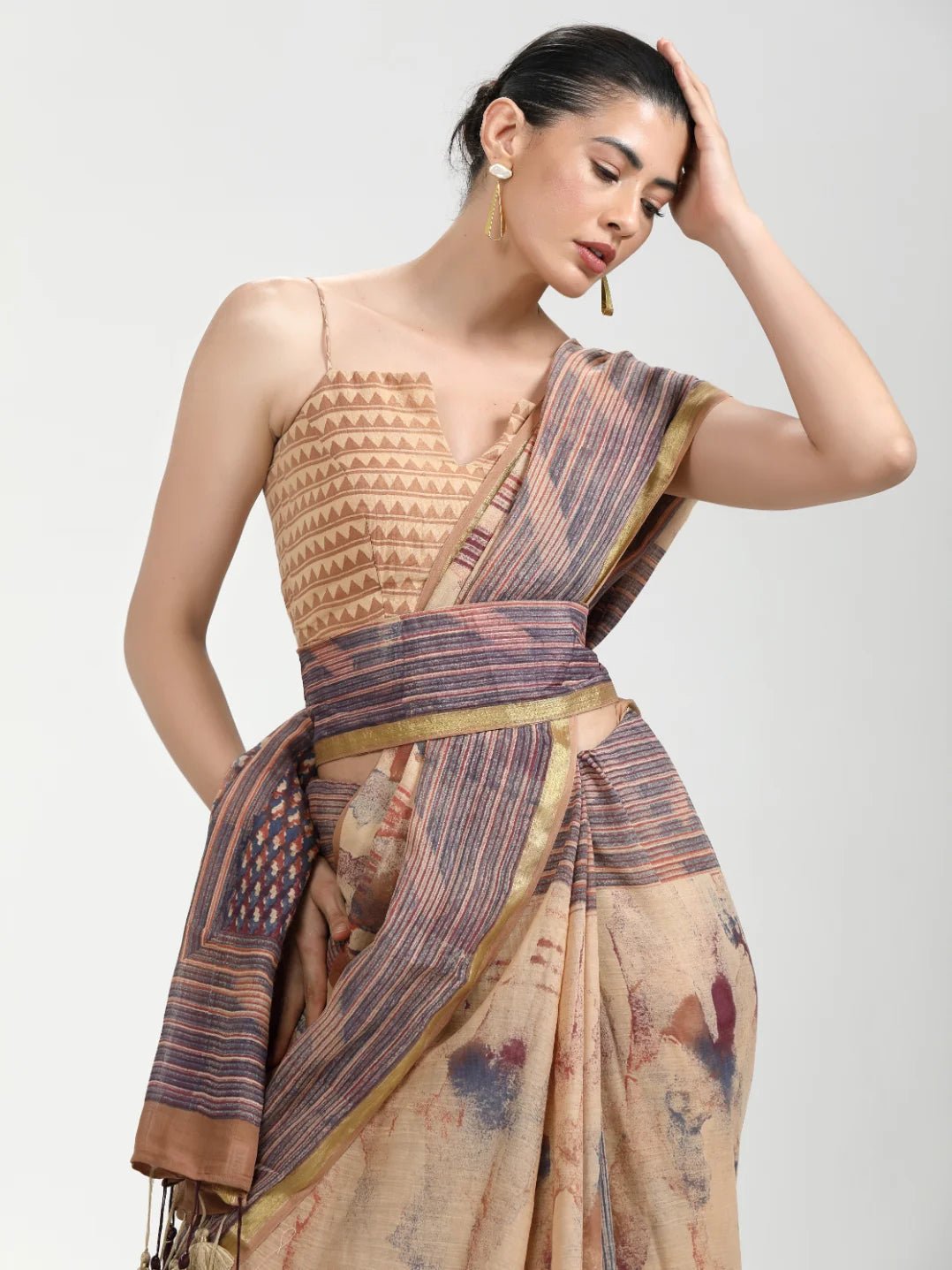 COFFEE & PURPLE SHADE MULMUL COTTON BLOCK PRINTED SAREE