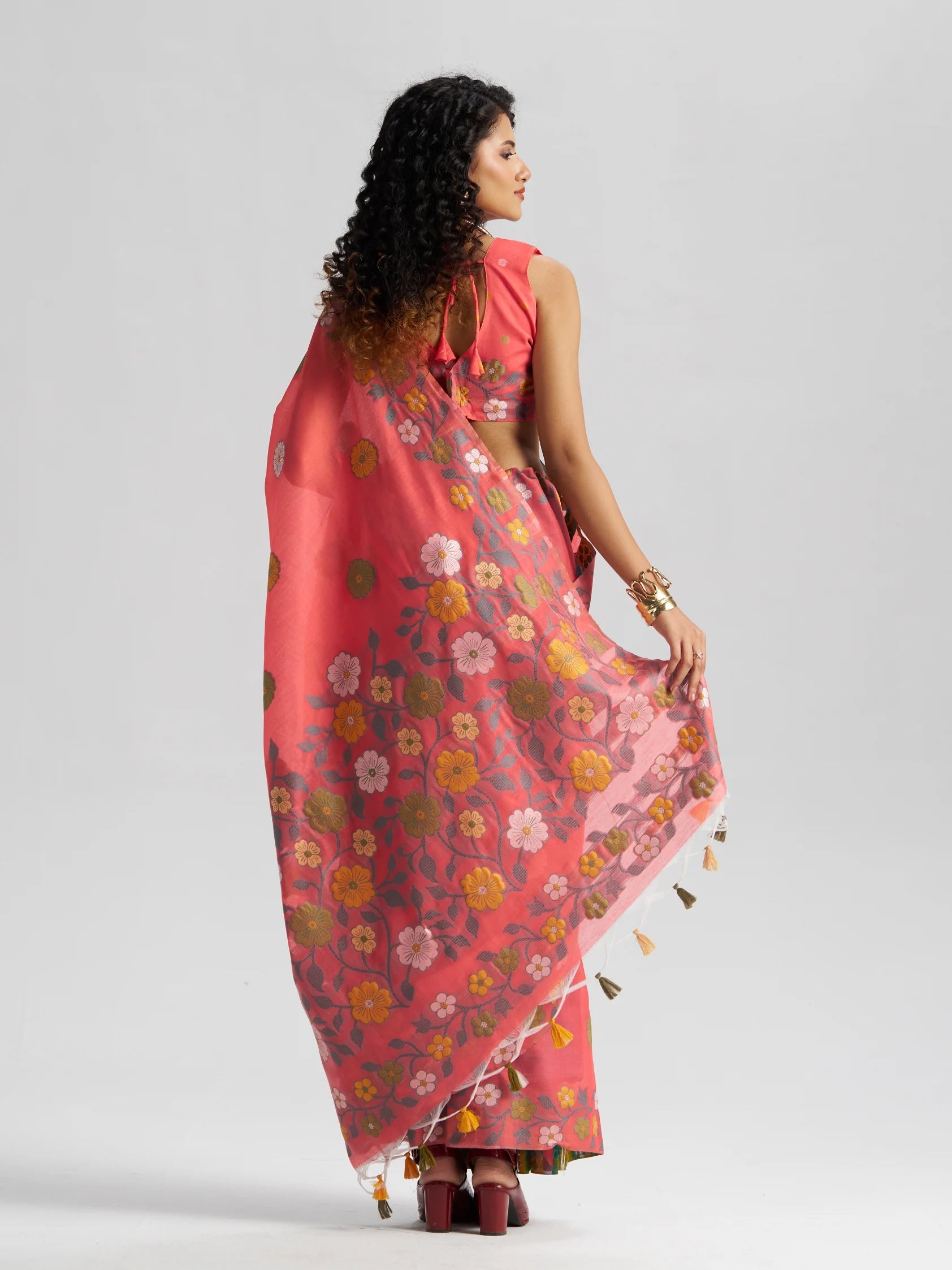 CORAL PINK COTTON SILK GARDENIA SAREE