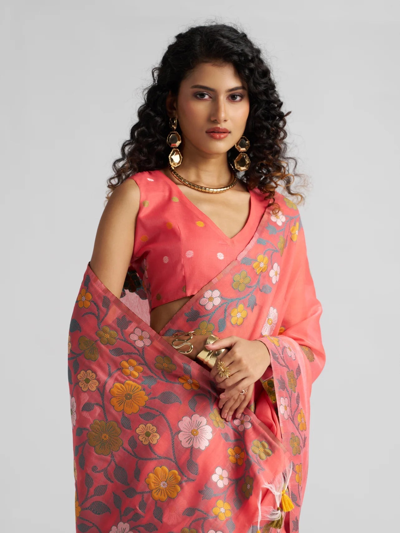 CORAL PINK COTTON SILK GARDENIA SAREE