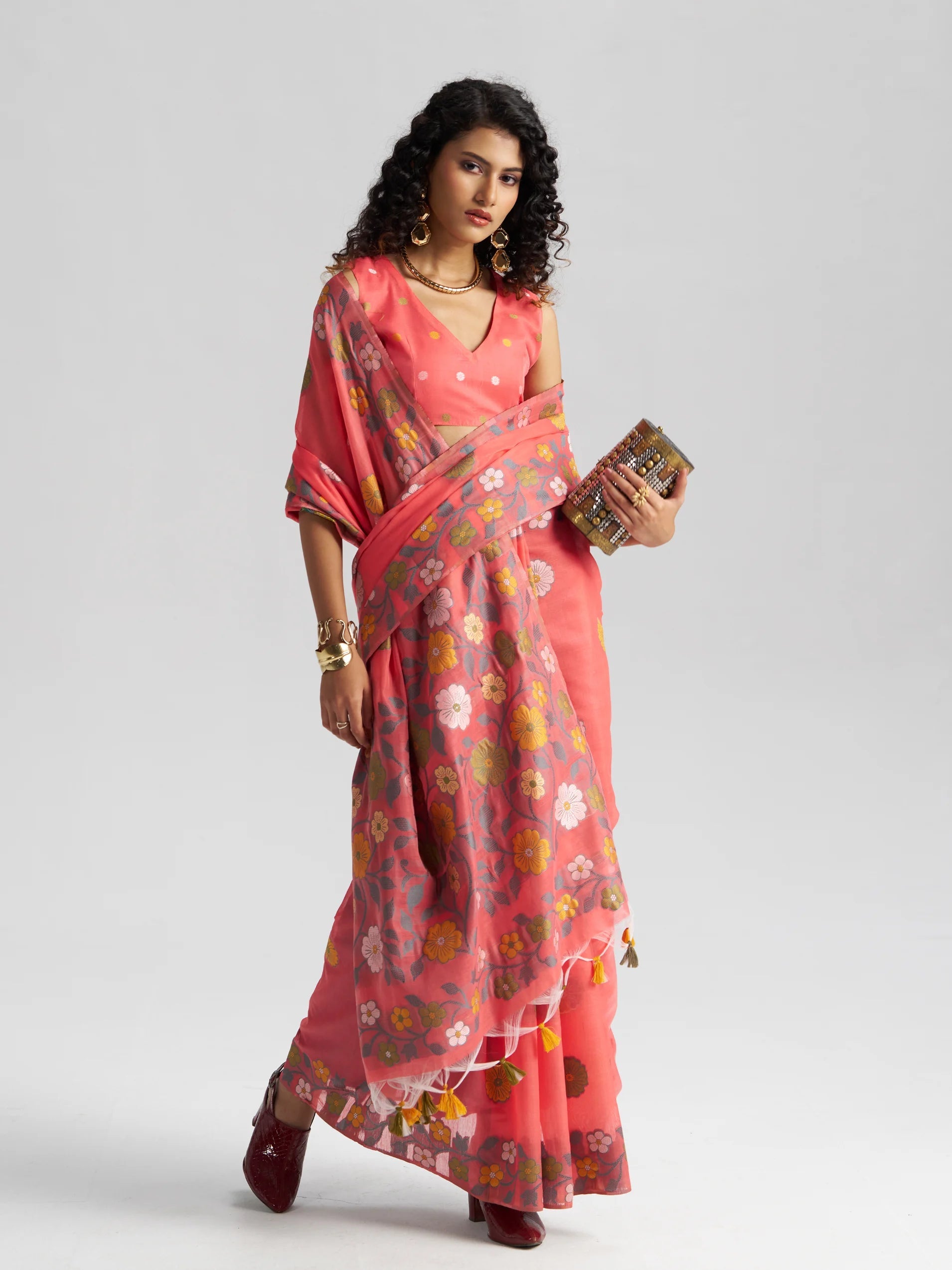 CORAL PINK COTTON SILK GARDENIA SAREE
