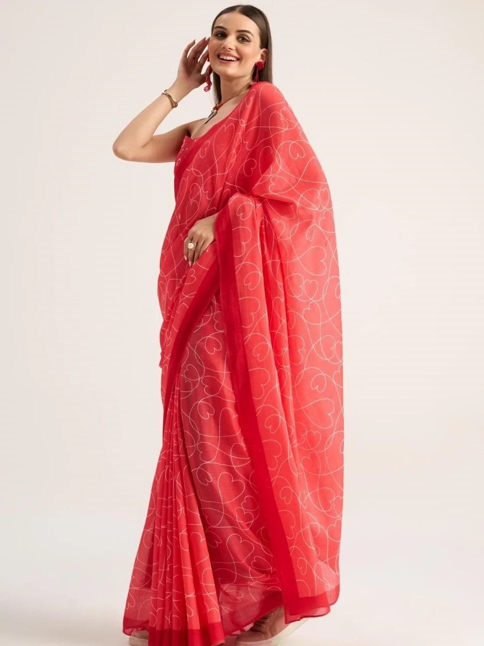 CORAL RED VISCOSE MUL LIVA DIGITAL PRINTED SAREE