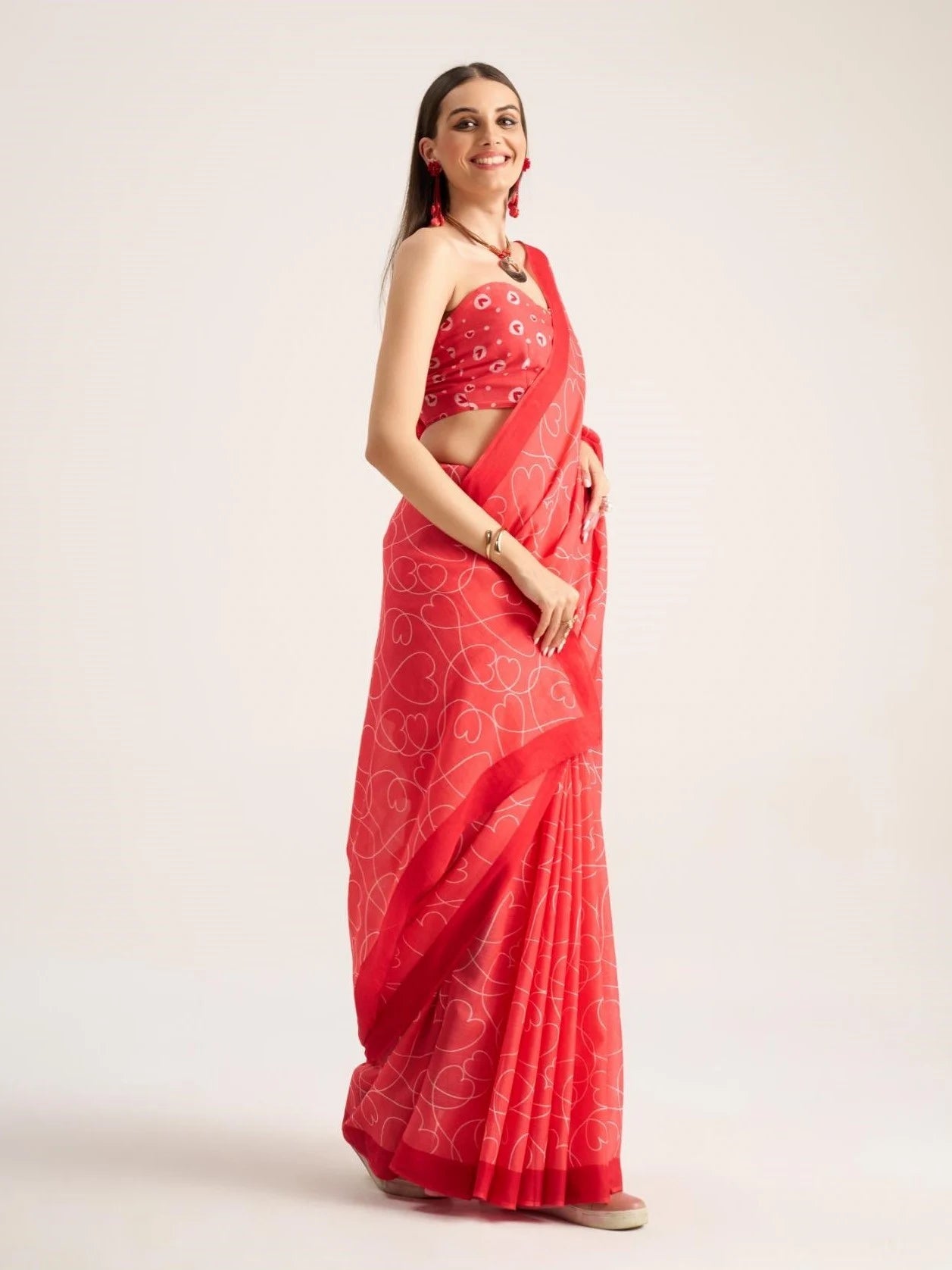 CORAL RED VISCOSE MUL LIVA DIGITAL PRINTED SAREE