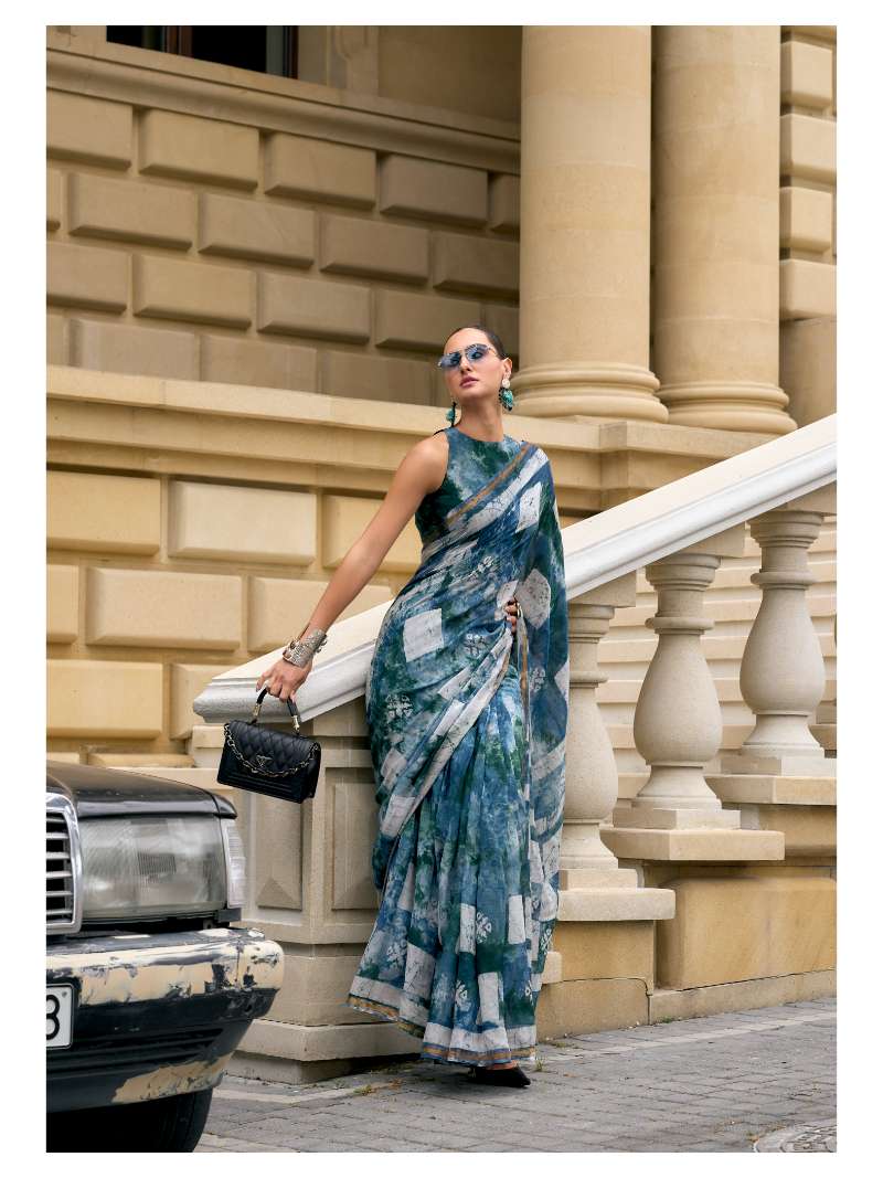 DARK BLUE VISCOSE MUL BATIK PRINTED SAREE