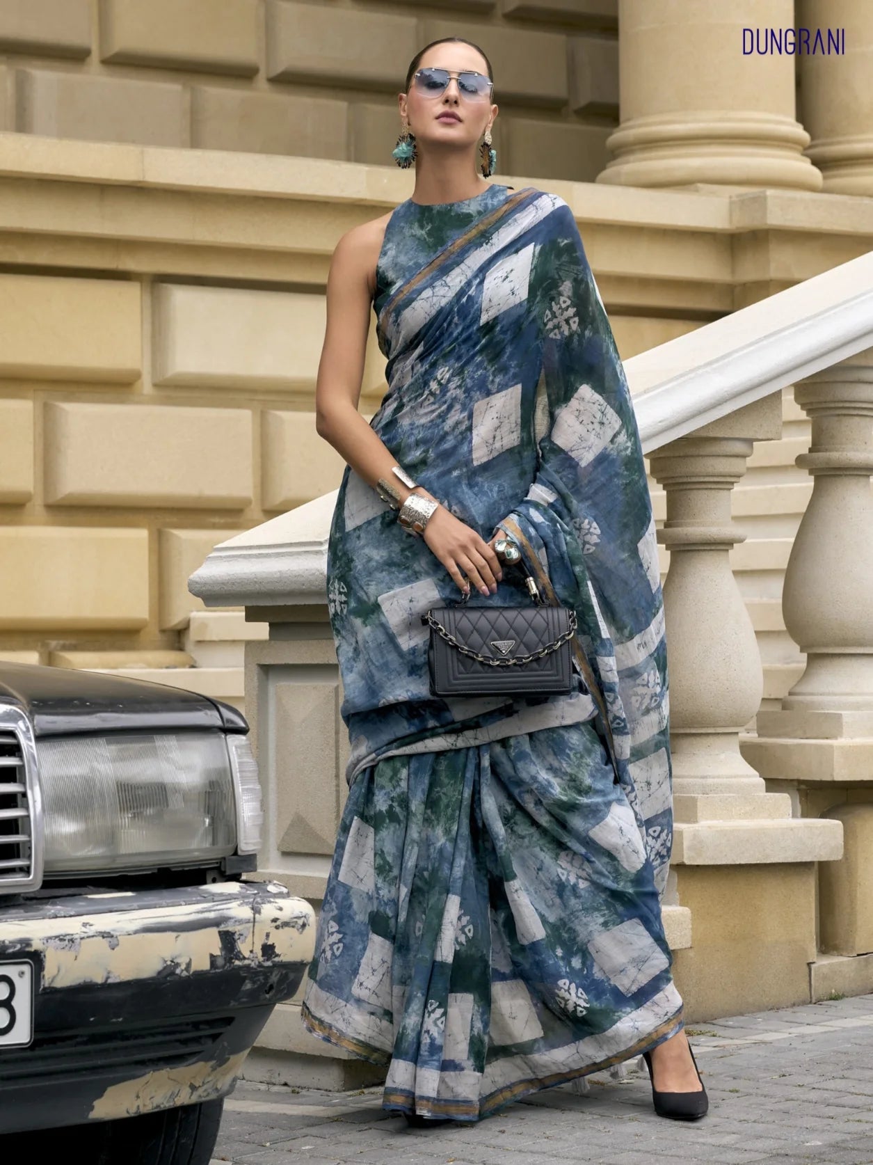 DARK BLUE VISCOSE MUL BATIK PRINTED SAREE