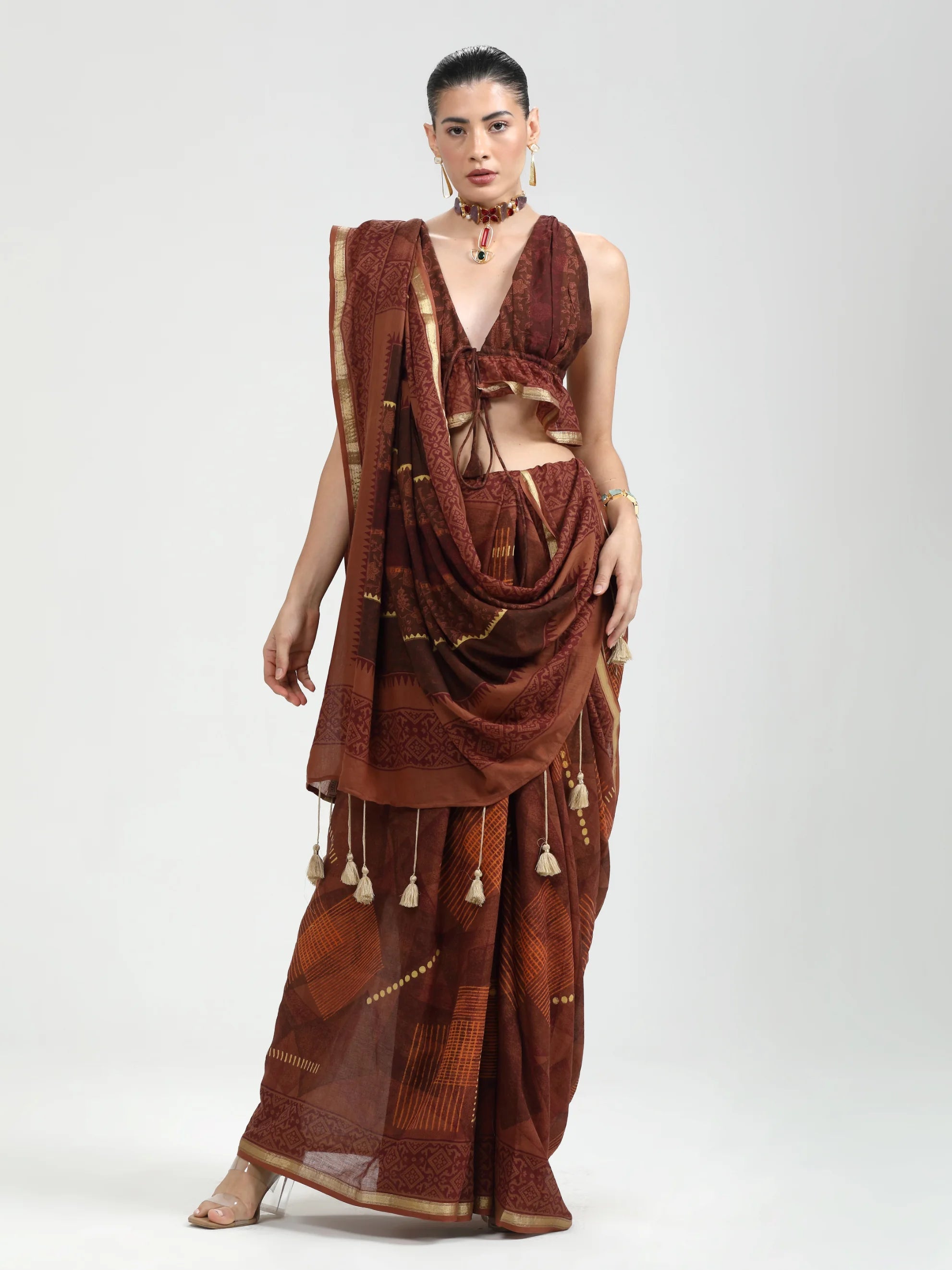DARK BROWN MULMUL COTTON BLOCK PRINTED SAREE