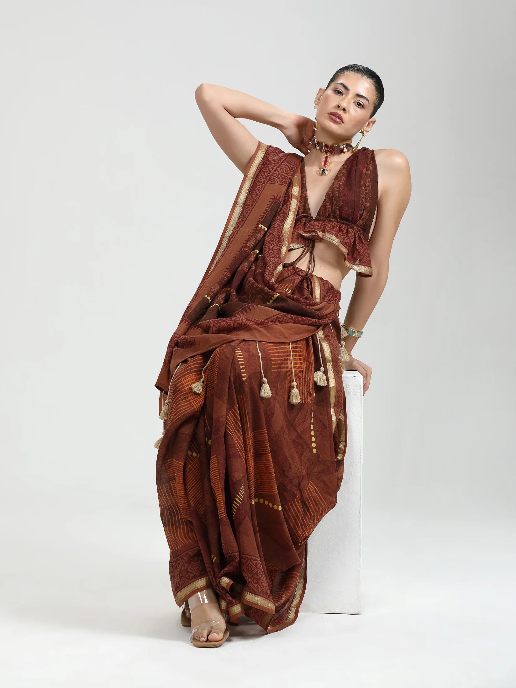 DARK BROWN MULMUL COTTON BLOCK PRINTED SAREE