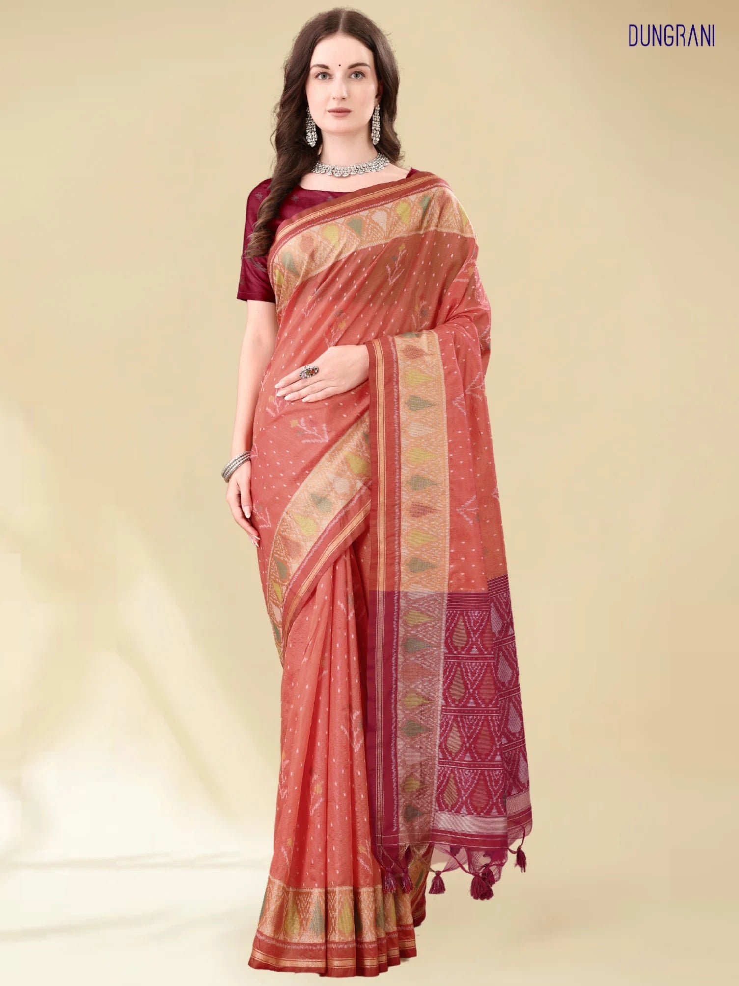DARK CARROT HANDWOVEN LEAF ART SILK SAREE