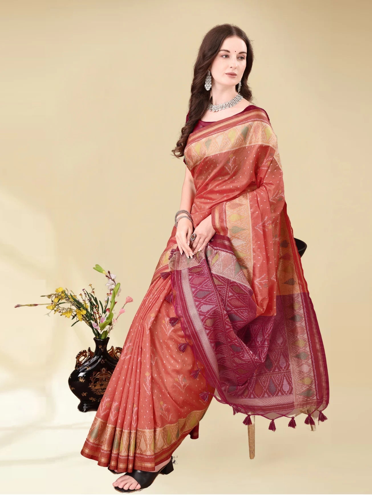 DARK CARROT HANDWOVEN LEAF ART SILK SAREE
