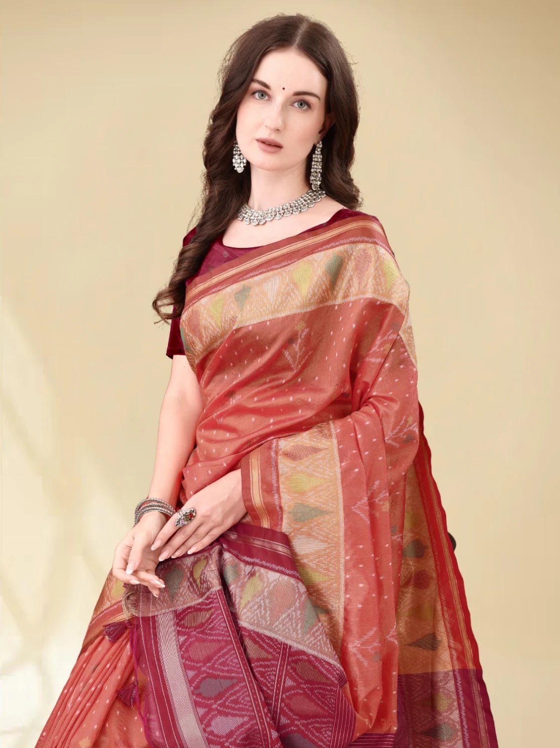 DARK CARROT HANDWOVEN LEAF ART SILK SAREE