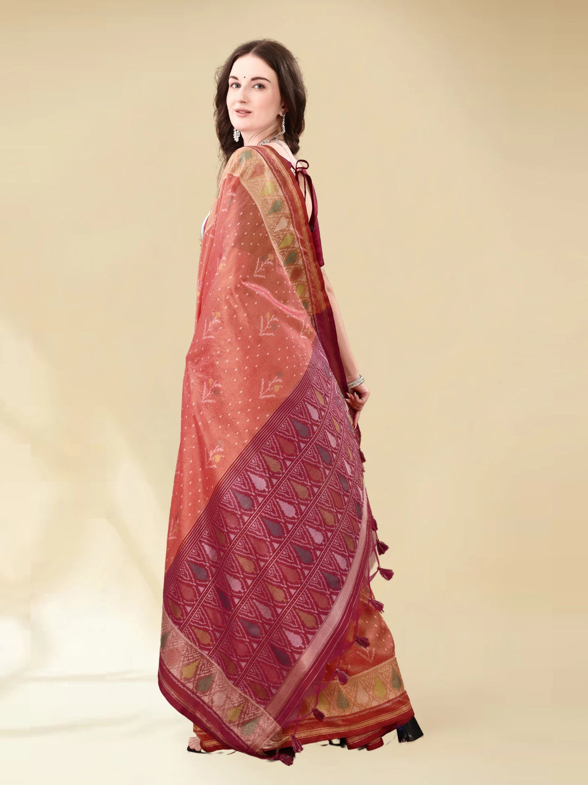 DARK CARROT HANDWOVEN LEAF ART SILK SAREE