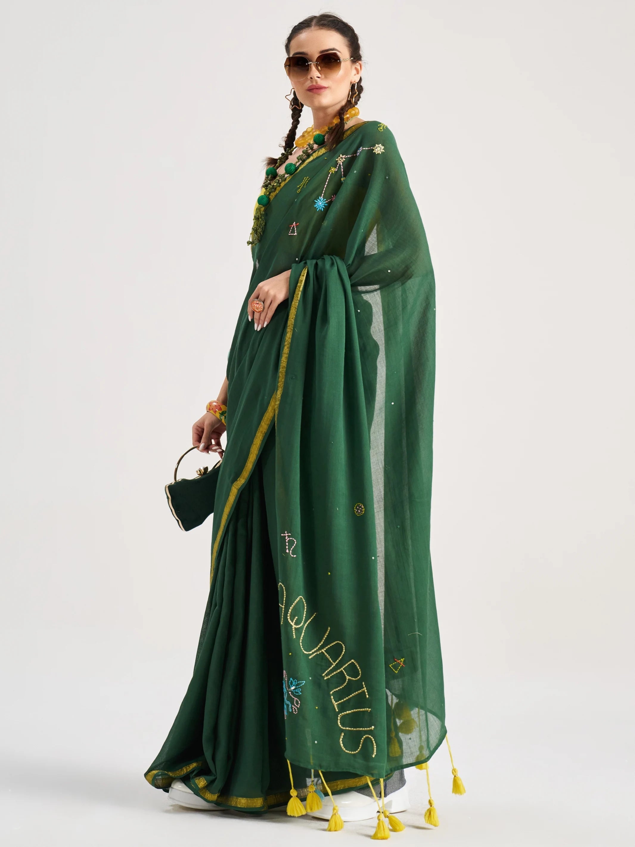 DARK GREEN VISCOSE MUL AQUARIUS VEDIC ZODIAC THREAD WORK SAREES