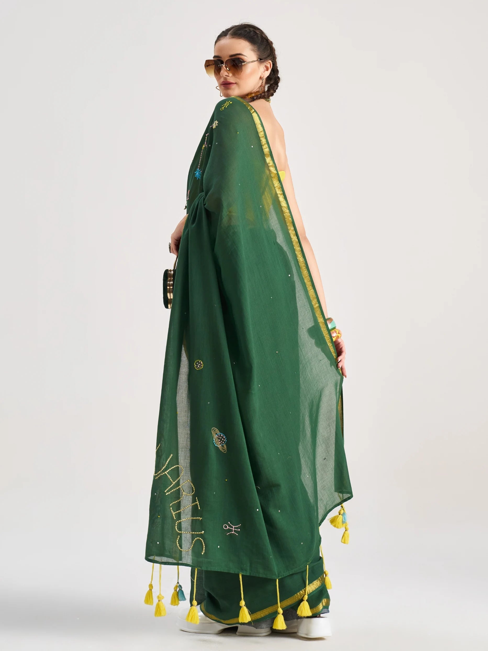 DARK GREEN MULMUL COTTON AQUARIUS VEDIC ZODIAC THREAD WORK SAREES