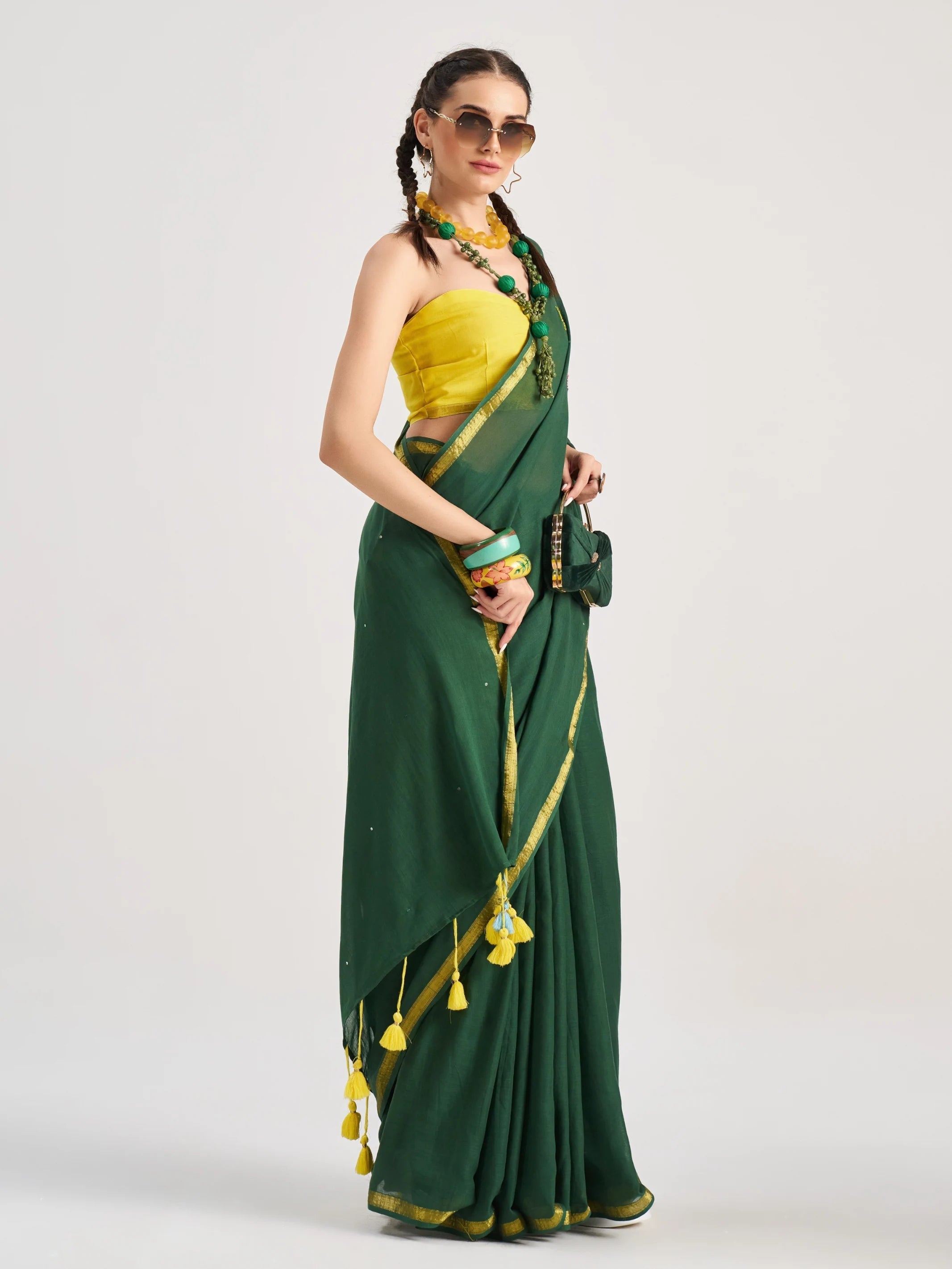 DARK GREEN MULMUL COTTON AQUARIUS VEDIC ZODIAC THREAD WORK SAREES