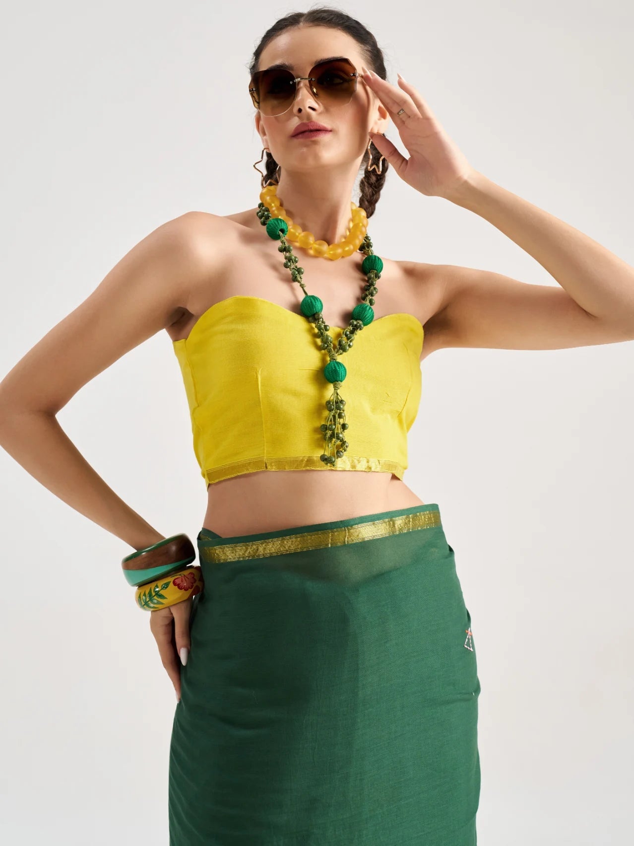 DARK GREEN MULMUL COTTON AQUARIUS VEDIC ZODIAC THREAD WORK SAREES