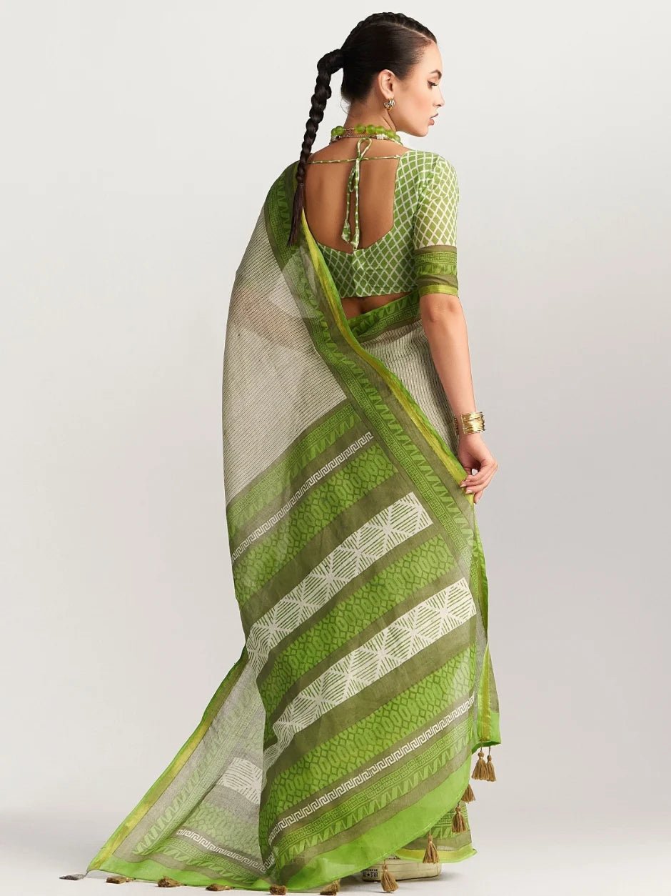 DARK GREEN VISCOSE MUL BLOCK PRINTED SAREE