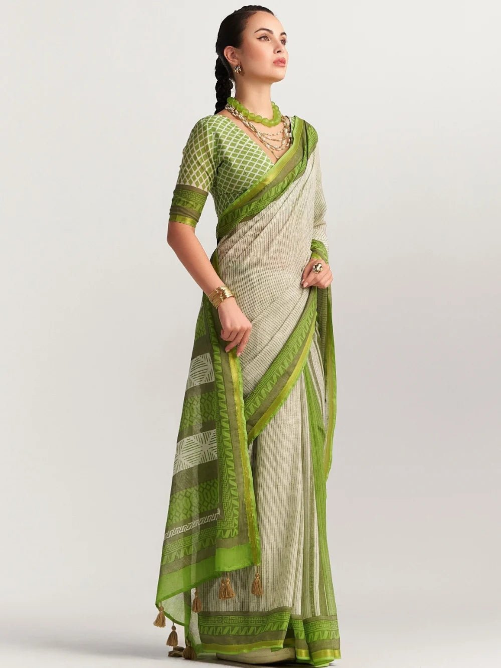 DARK GREEN VISCOSE MUL BLOCK PRINTED SAREE