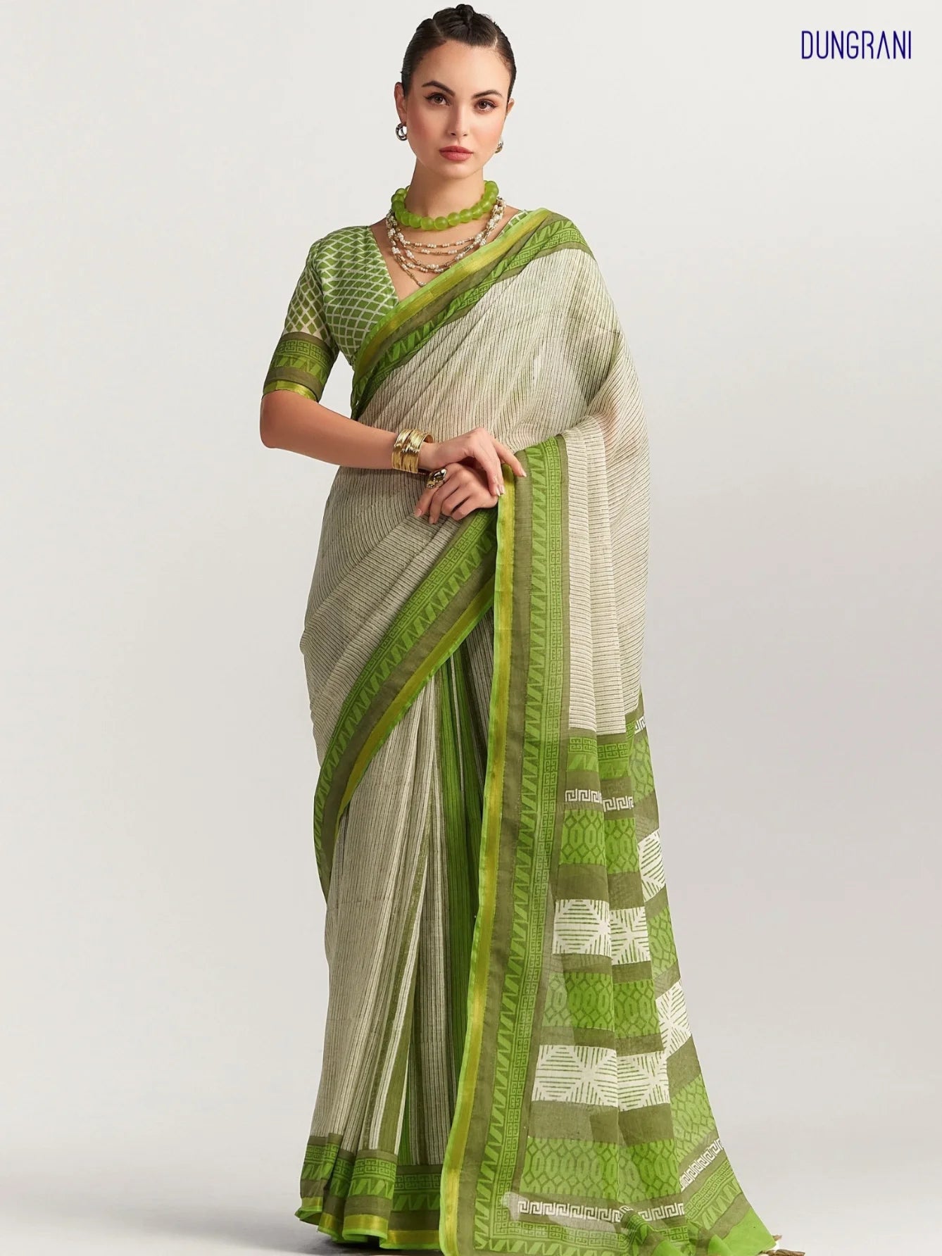 DARK GREEN VISCOSE MUL BLOCK PRINTED SAREE