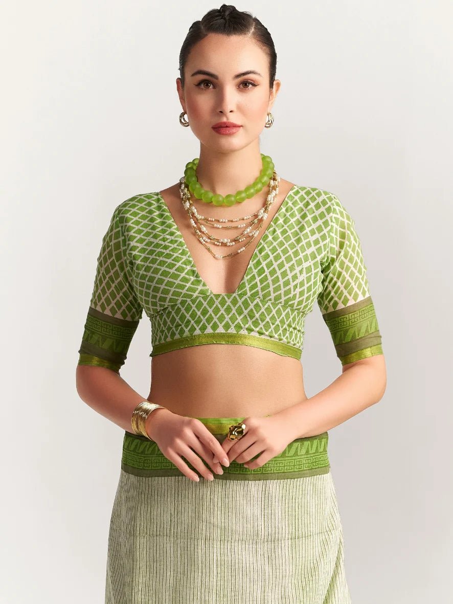 DARK GREEN VISCOSE MUL BLOCK PRINTED SAREE