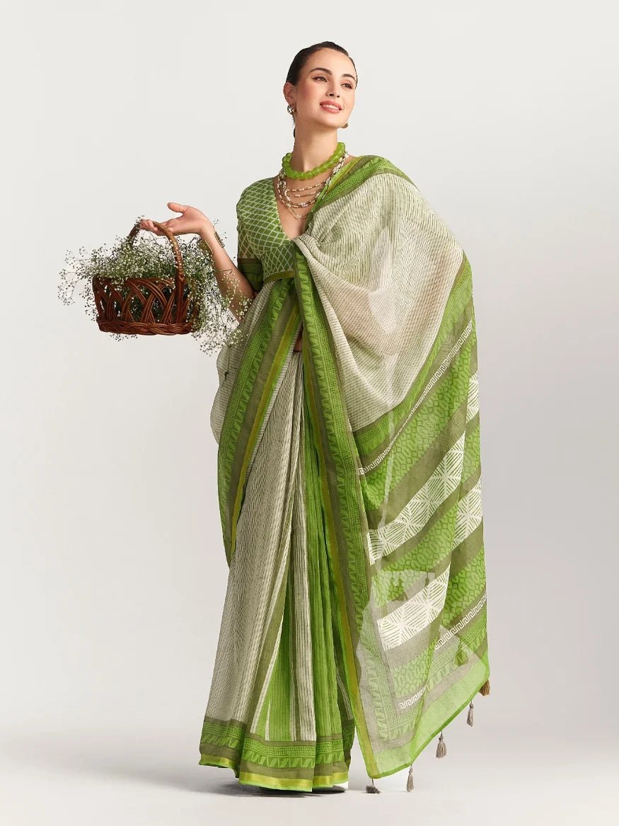 DARK GREEN VISCOSE MUL BLOCK PRINTED SAREE