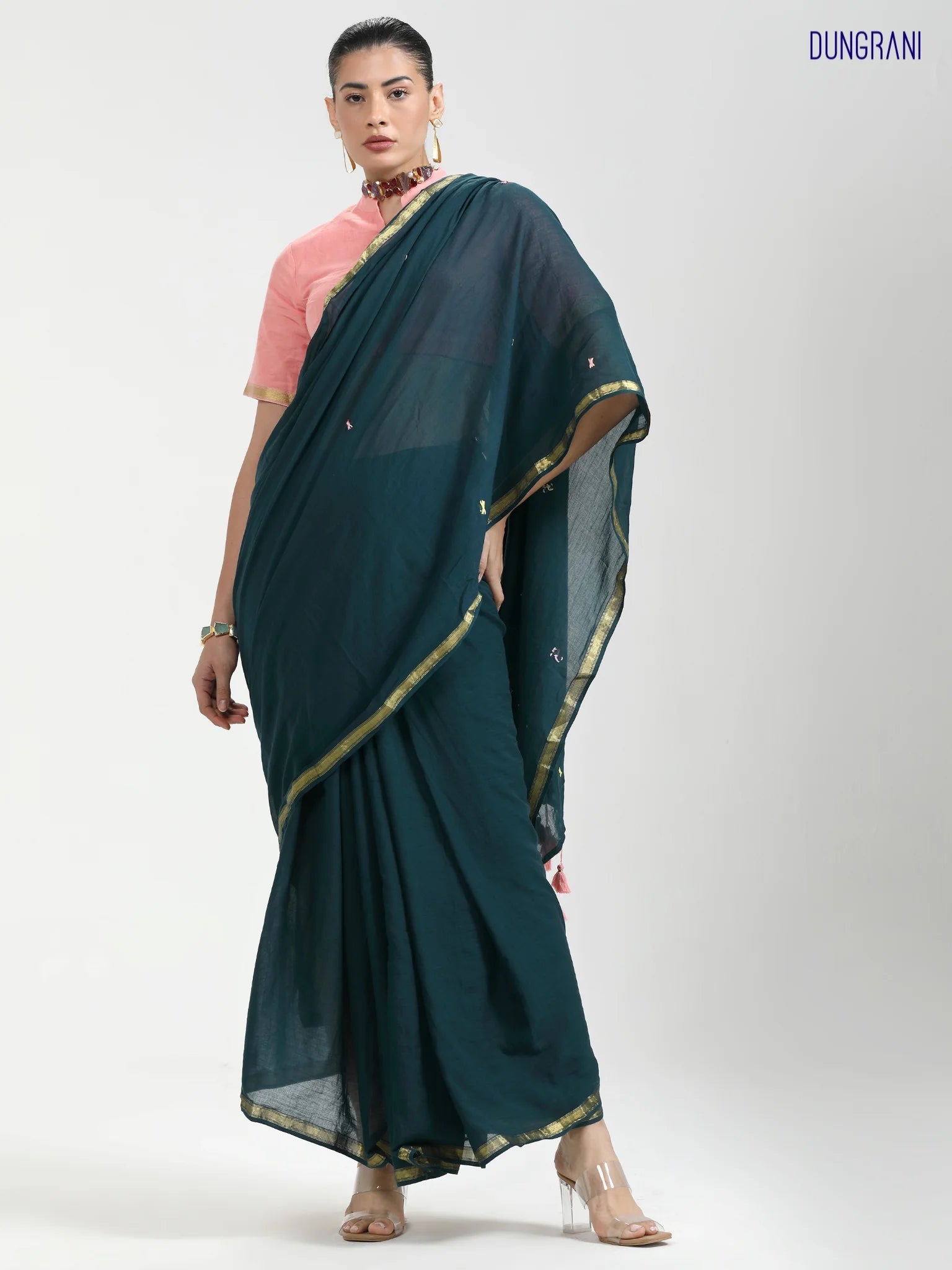 DARK GREEN VISCOSE MUL LIVA THREAD WORK SAREES