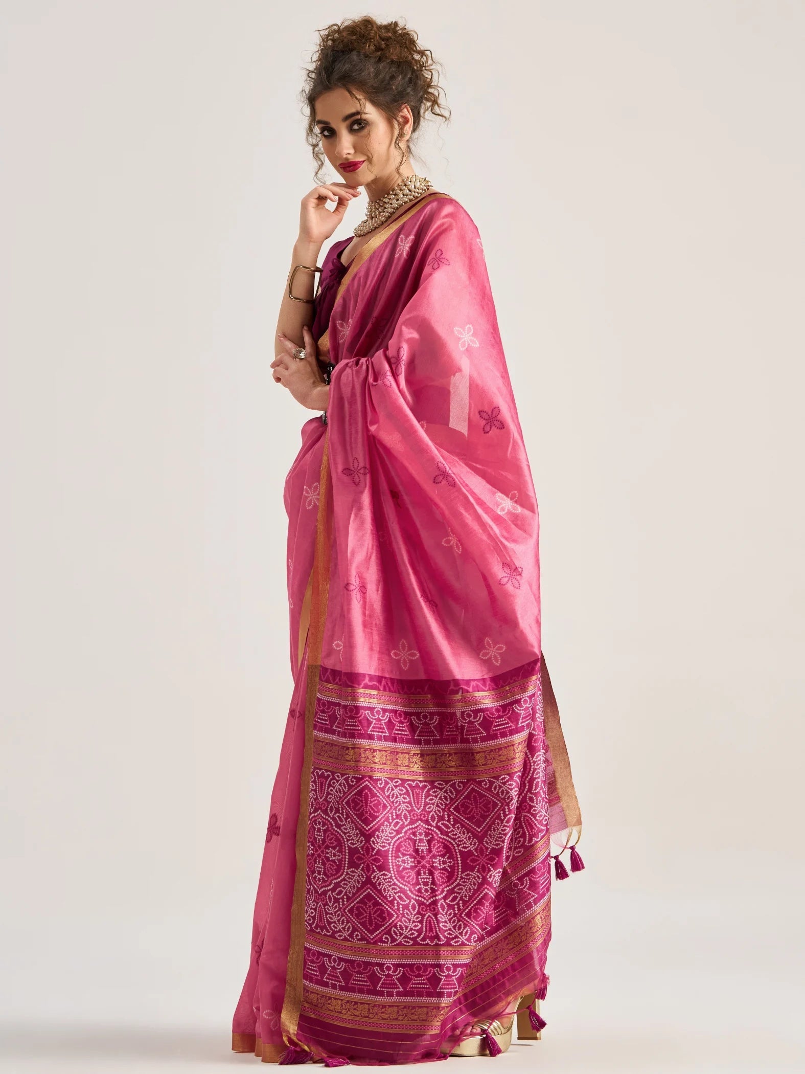 DARK PINK HANDWOVEN BANDHEJ ART SILK SAREE
