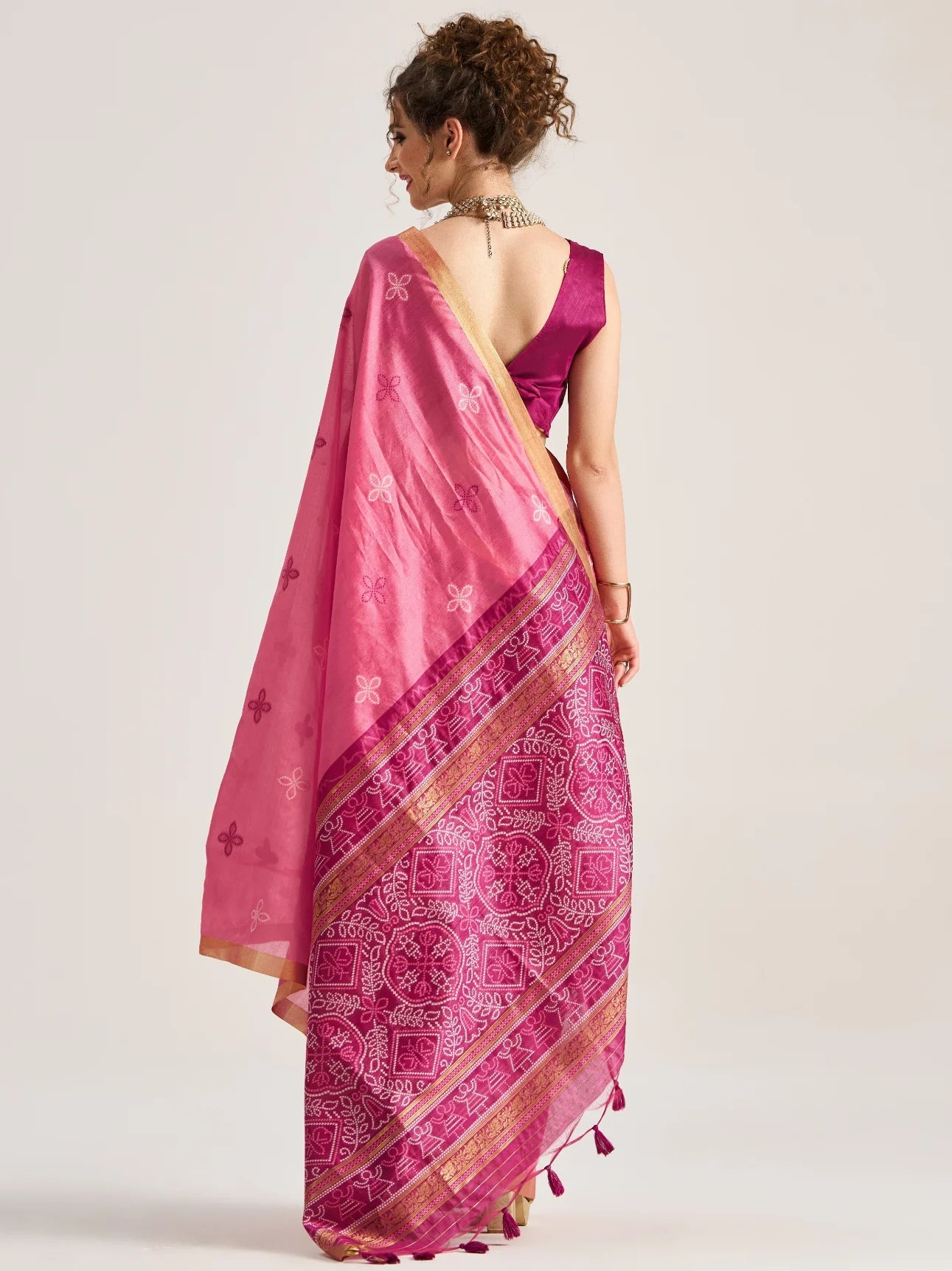 DARK PINK HANDWOVEN BANDHEJ ART SILK SAREE