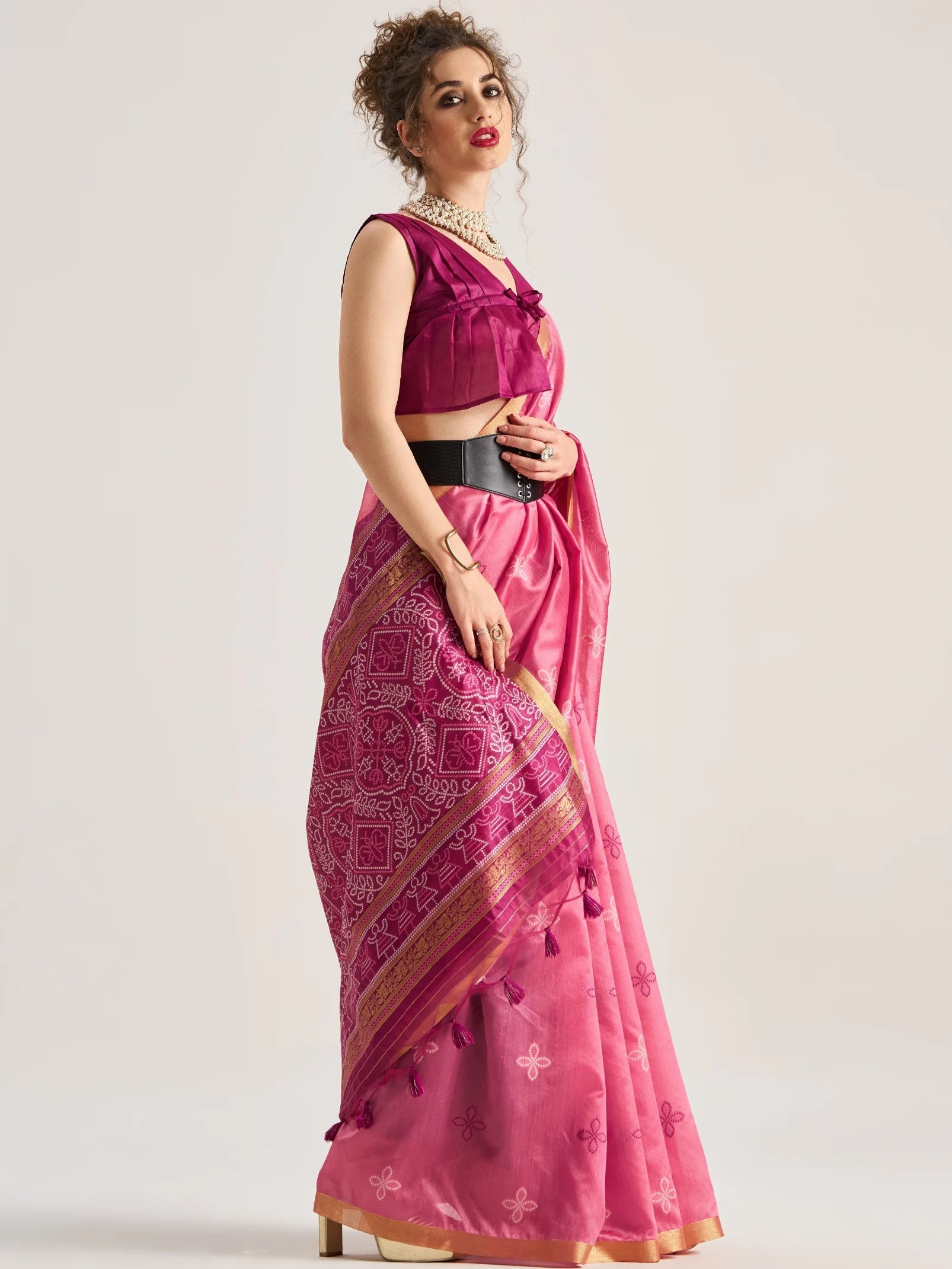 DARK PINK HANDWOVEN BANDHEJ ART SILK SAREE