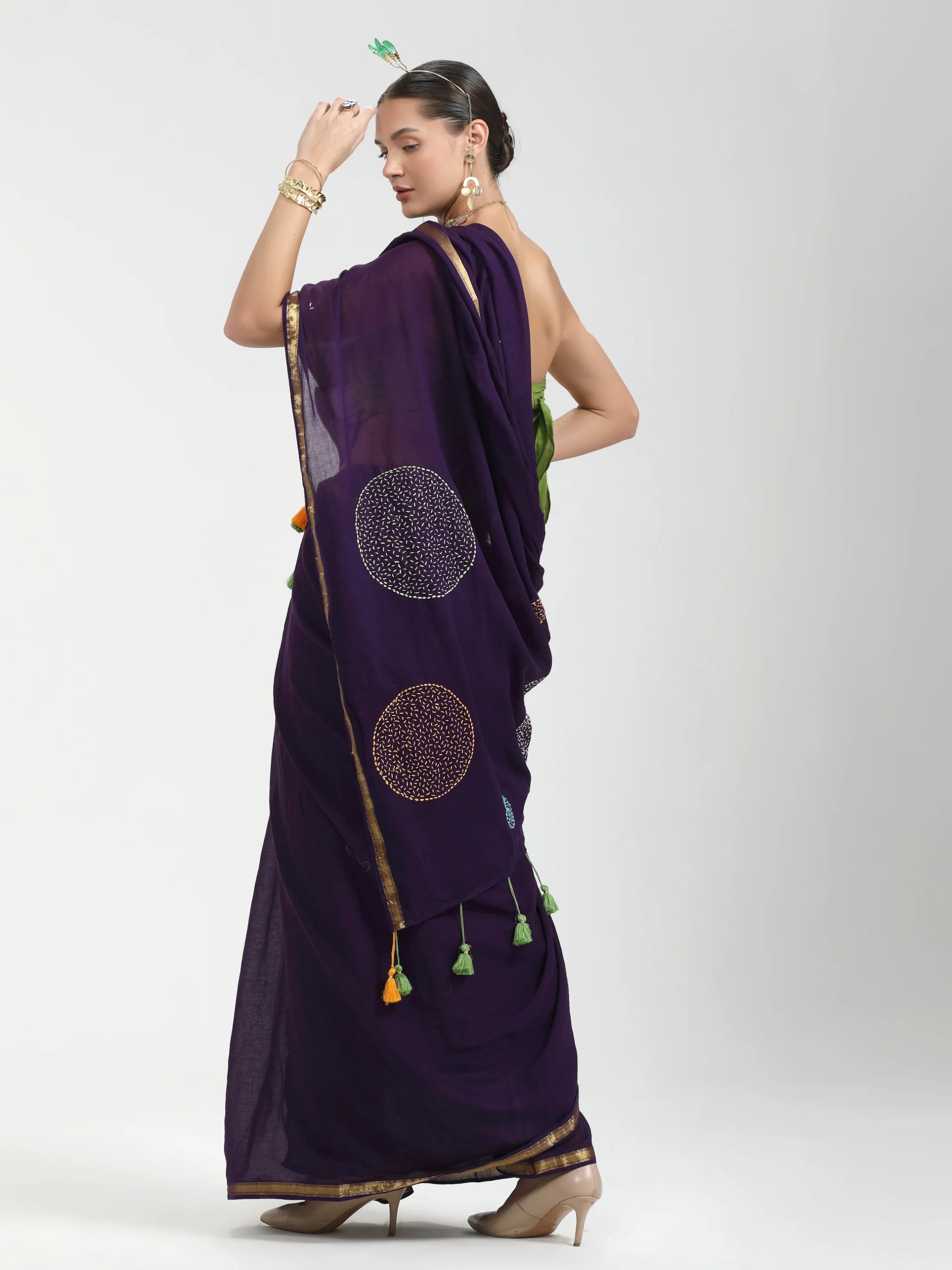 DARK PURPLE VISCOSE MUL LIVA THREAD WORK SAREES