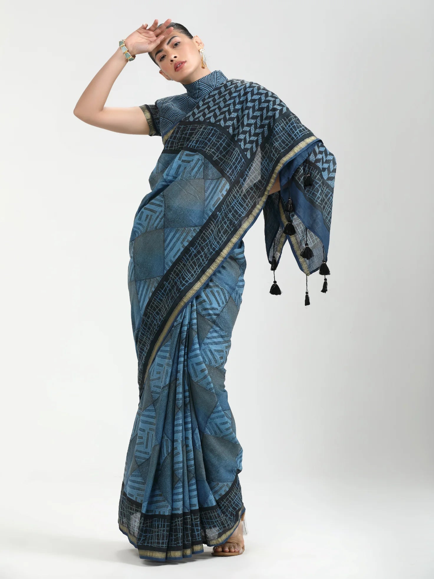 DARK STEEL BLUE MULMUL COTTON LIVA BLOCK PRINTED SAREE