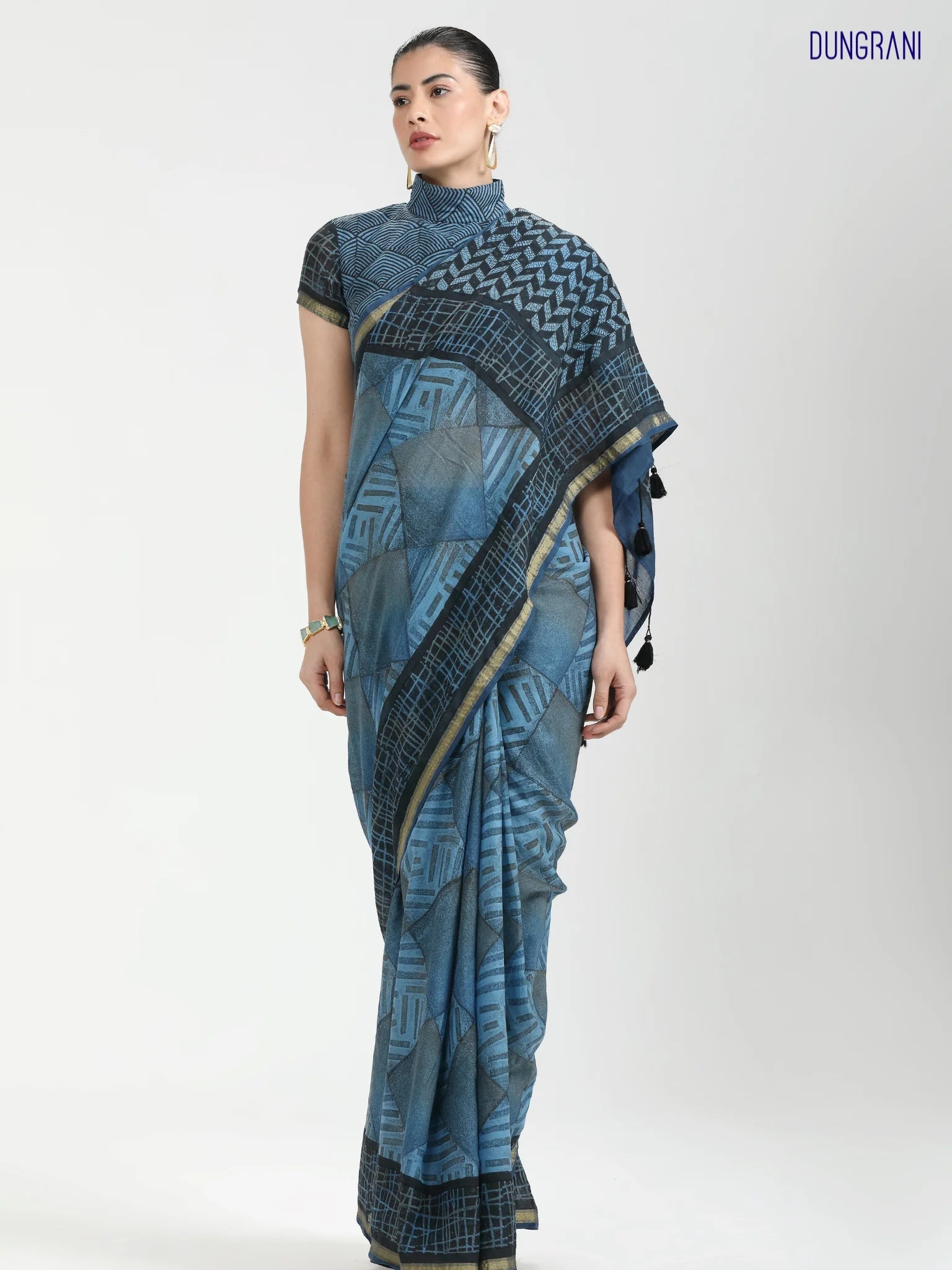DARK STEEL BLUE MULMUL COTTON LIVA BLOCK PRINTED SAREE