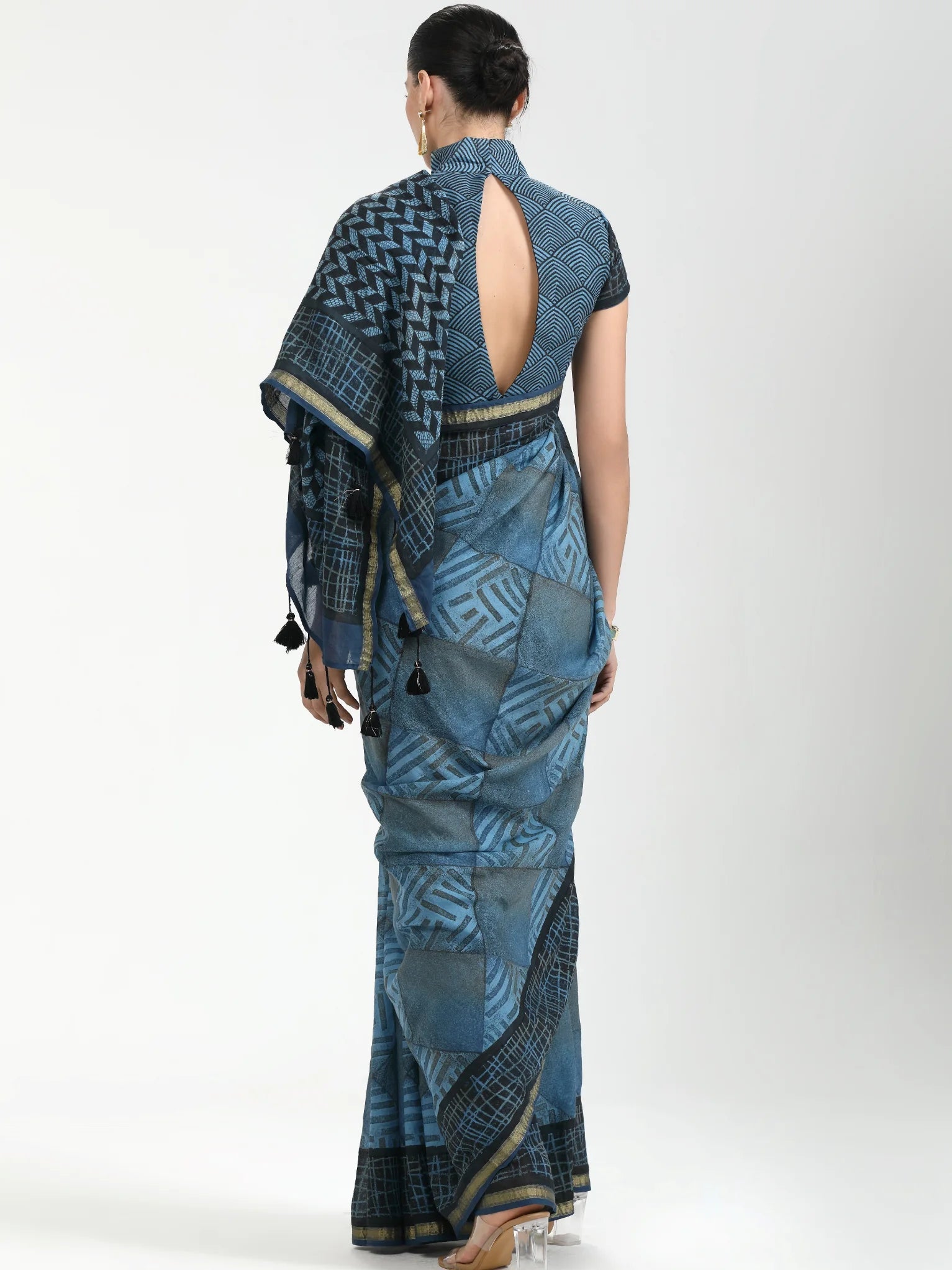 DARK STEEL BLUE MULMUL COTTON LIVA BLOCK PRINTED SAREE