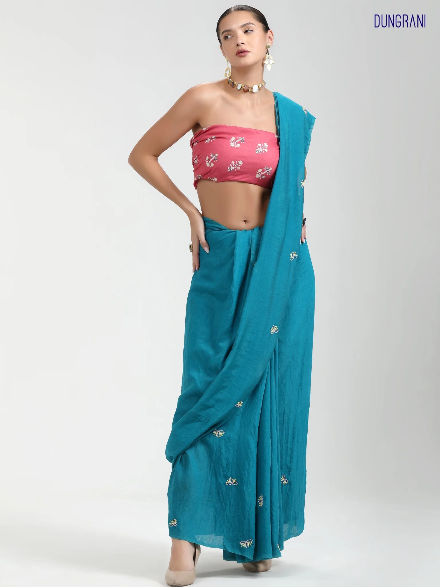 DARK TURQUOISE BLUE VISCOSE MUL THREAD WORK SAREES