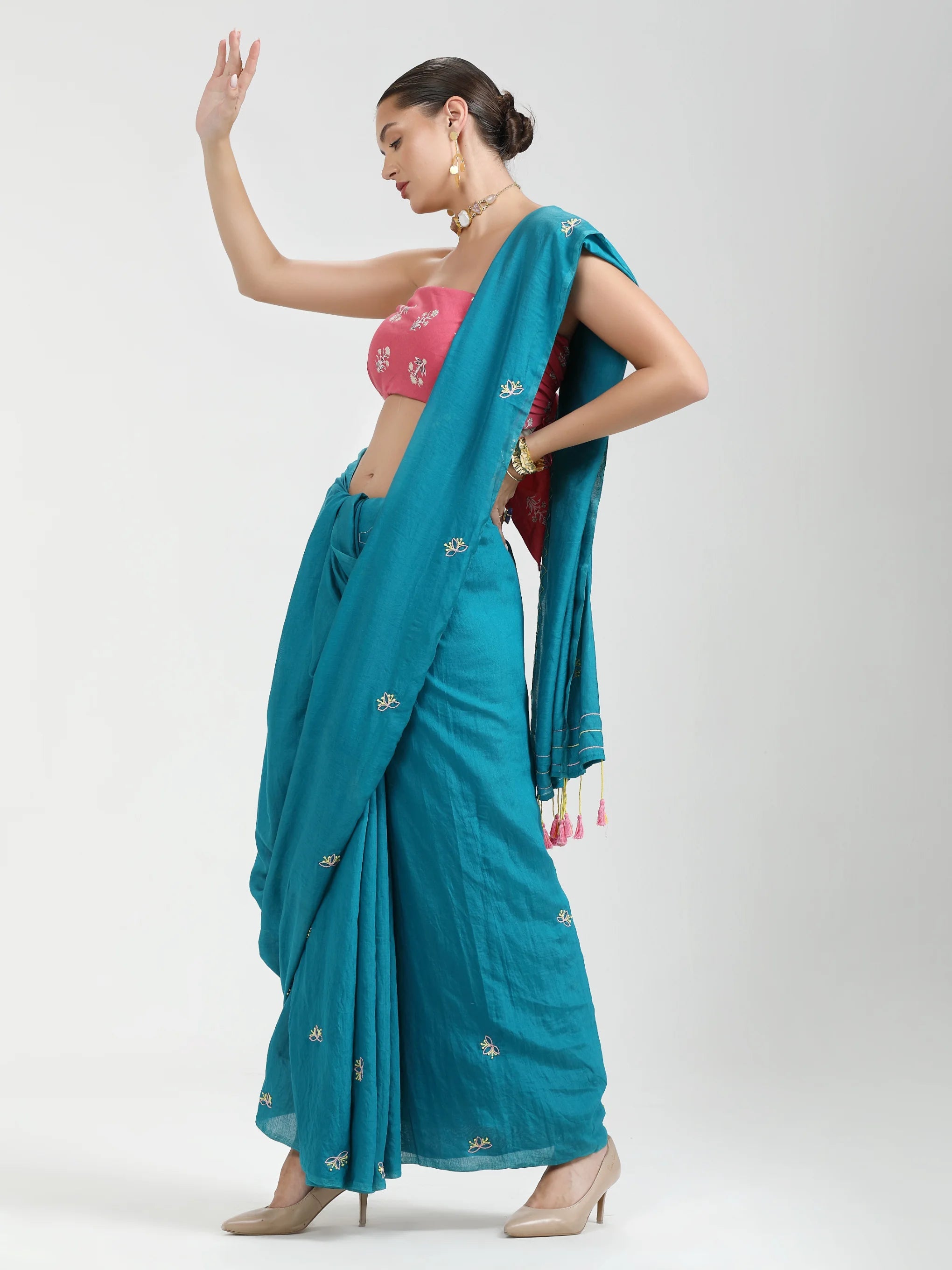 DARK TURQUOISE BLUE VISCOSE MUL THREAD WORK SAREES
