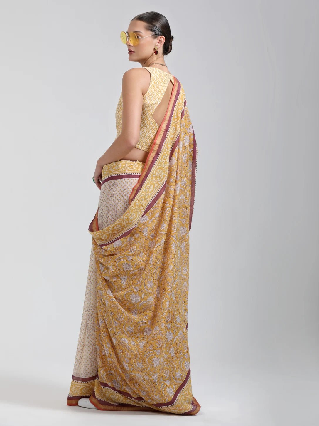 DARK YELLOW MULMUL COTTON LIVA BLOCK PRINTED SAREE