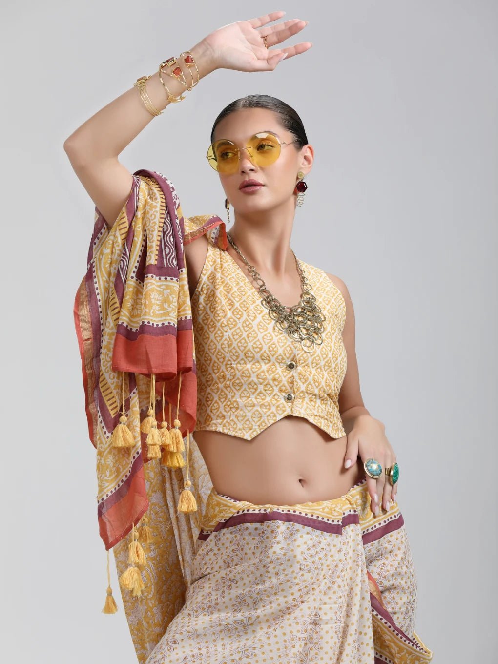 DARK YELLOW MULMUL COTTON LIVA BLOCK PRINTED SAREE