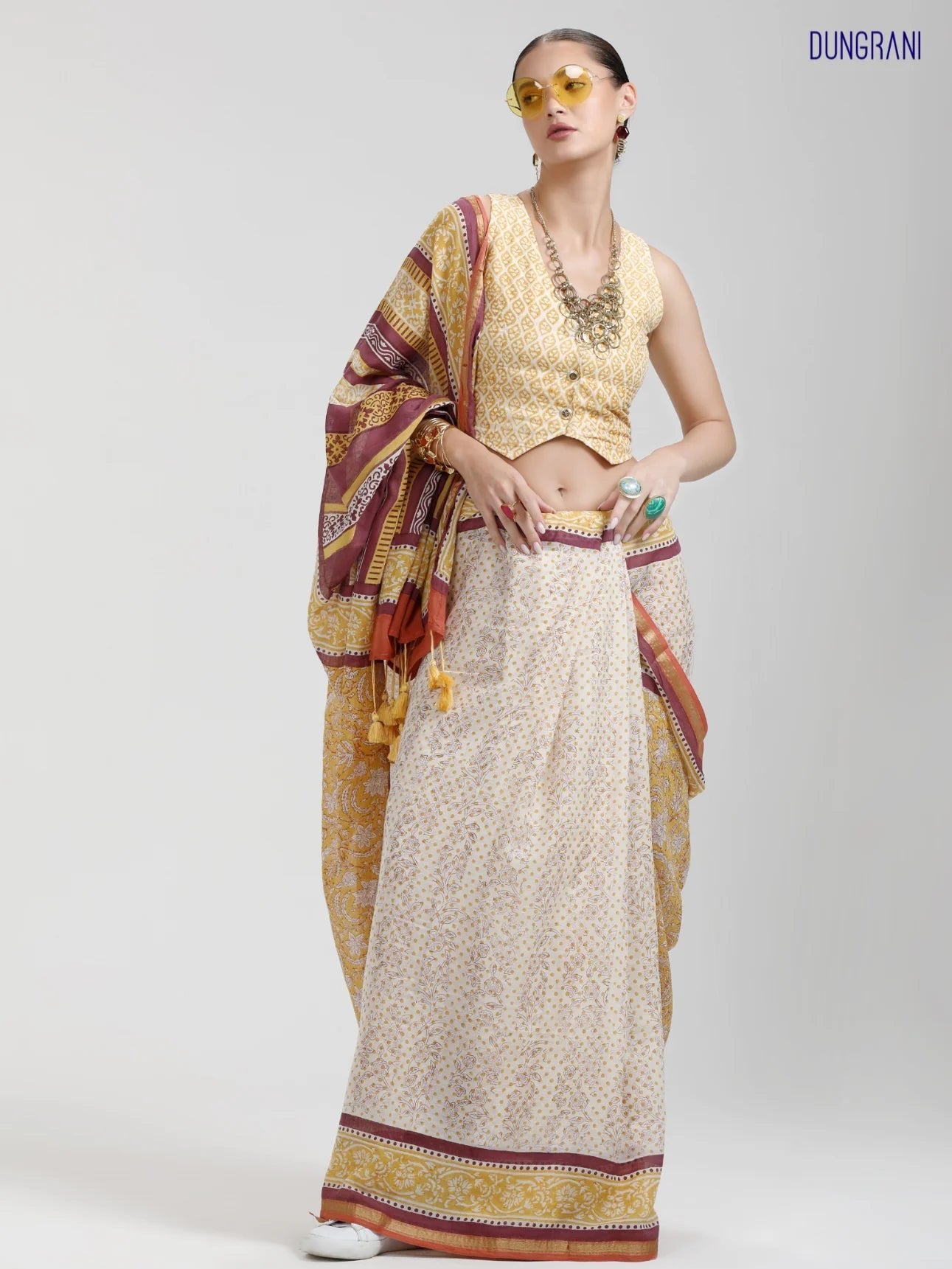 DARK YELLOW MULMUL COTTON LIVA BLOCK PRINTED SAREE