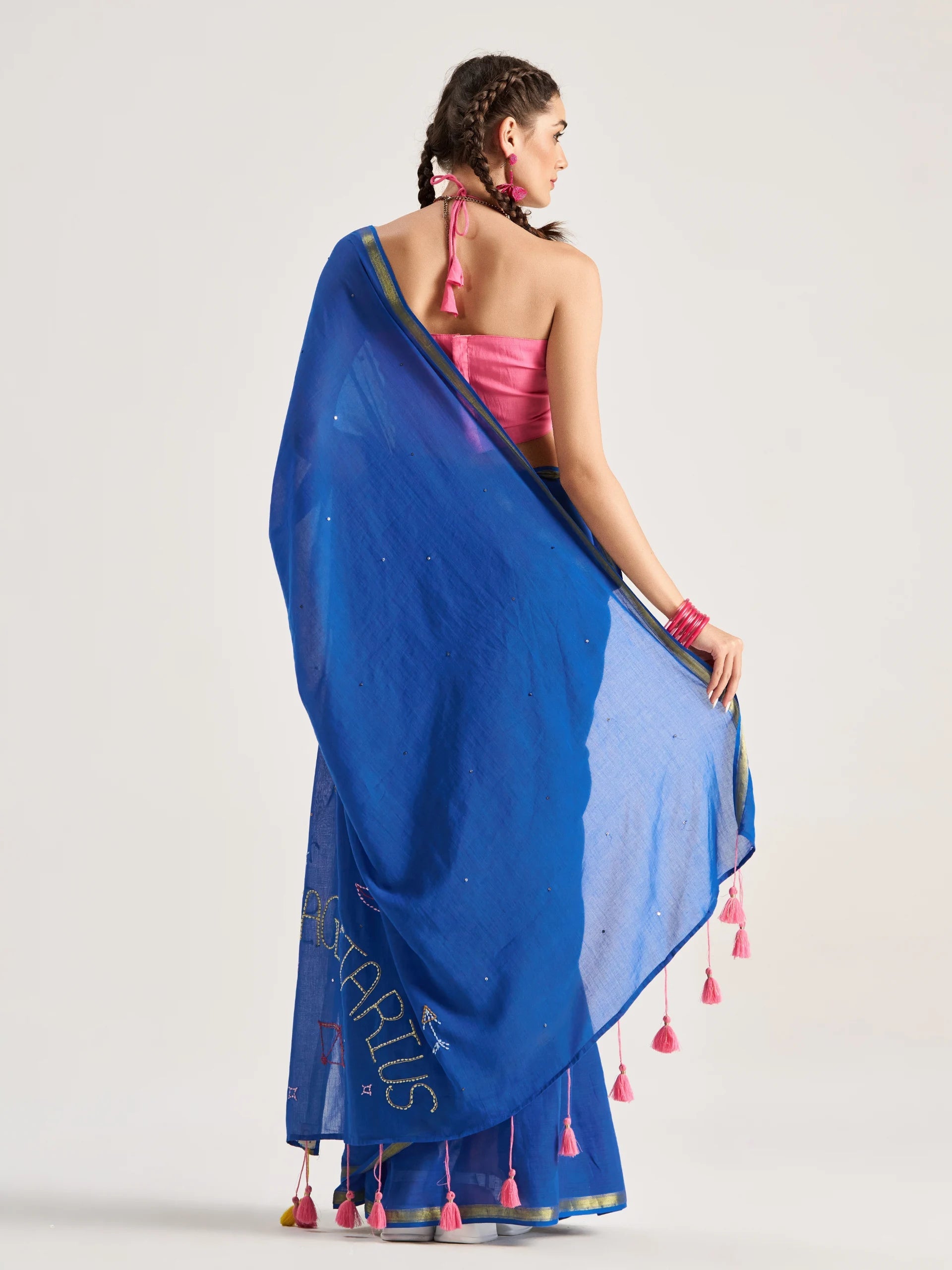 DEEP BLUE VISCOSE MUL SAGITTARIUS VEDIC ZODIAC THREAD WORK SAREES