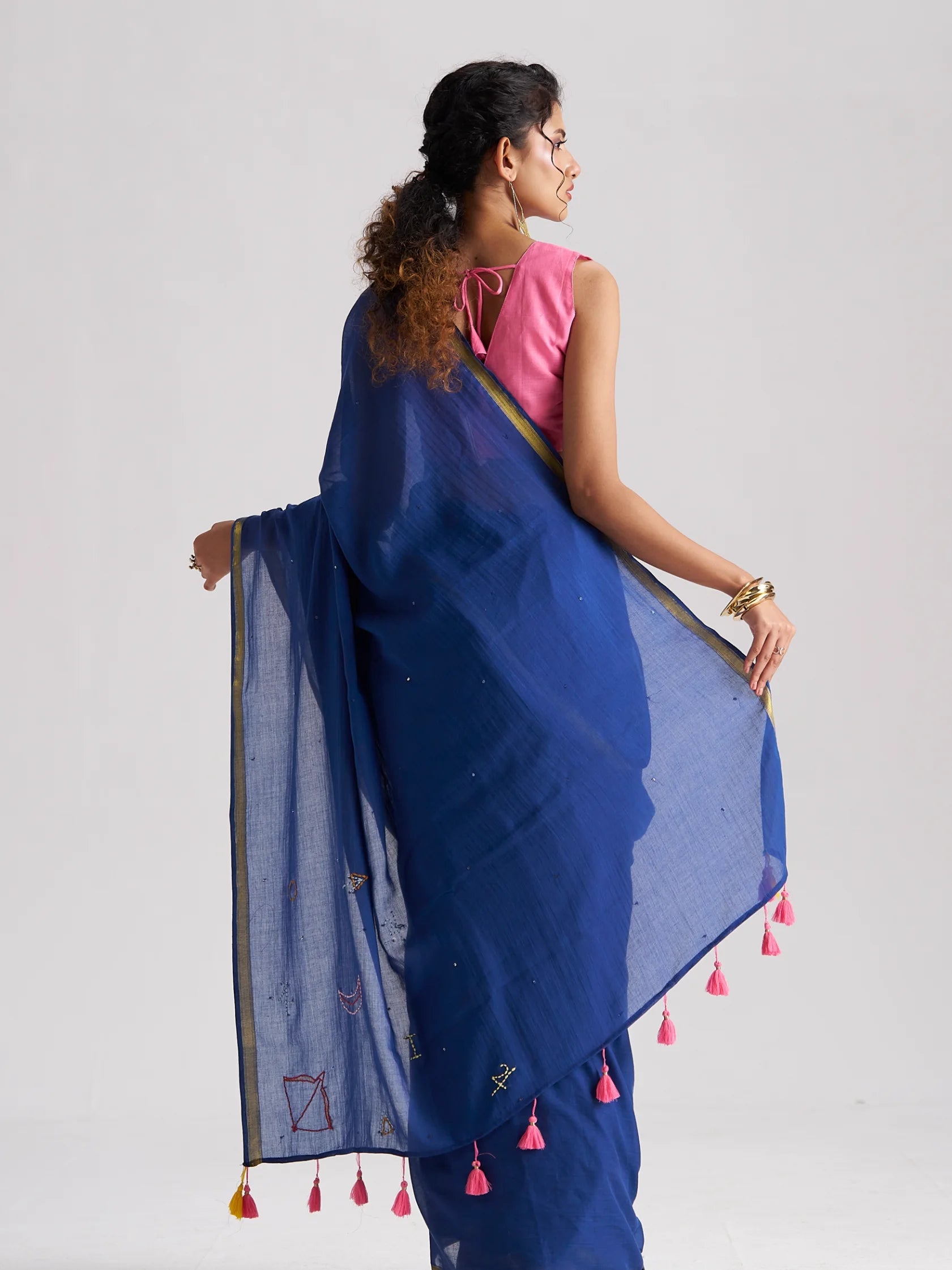 DEEP BLUE VISCOSE MUL THREAD WORK SAREES