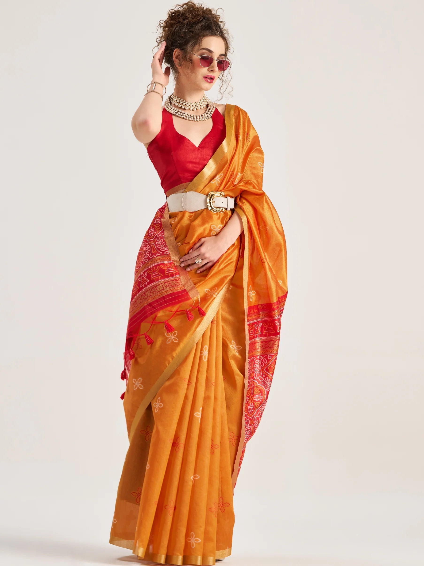 DEEP ORANGE HANDWOVEN BANDHEJ ART SILK SAREE